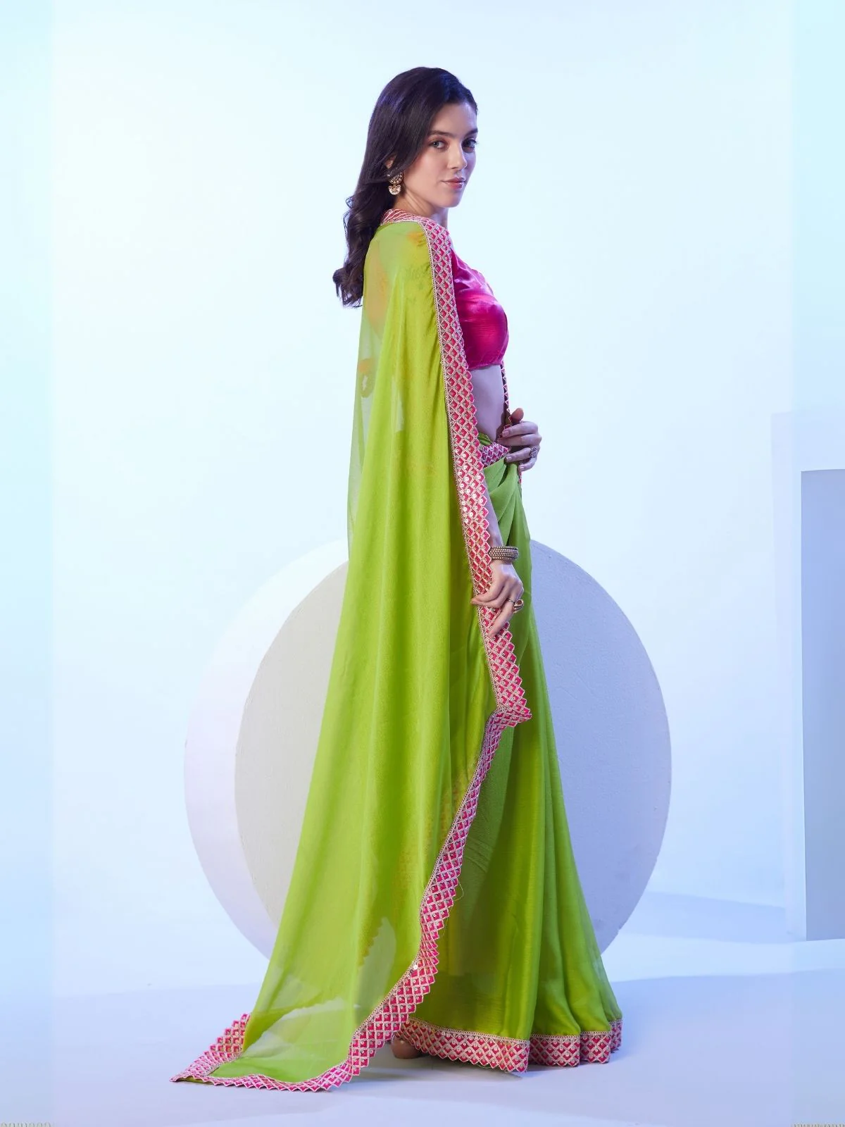 Odette Green Georgette Lace Work Saree With Unstitched Blouse For Women - Image 3