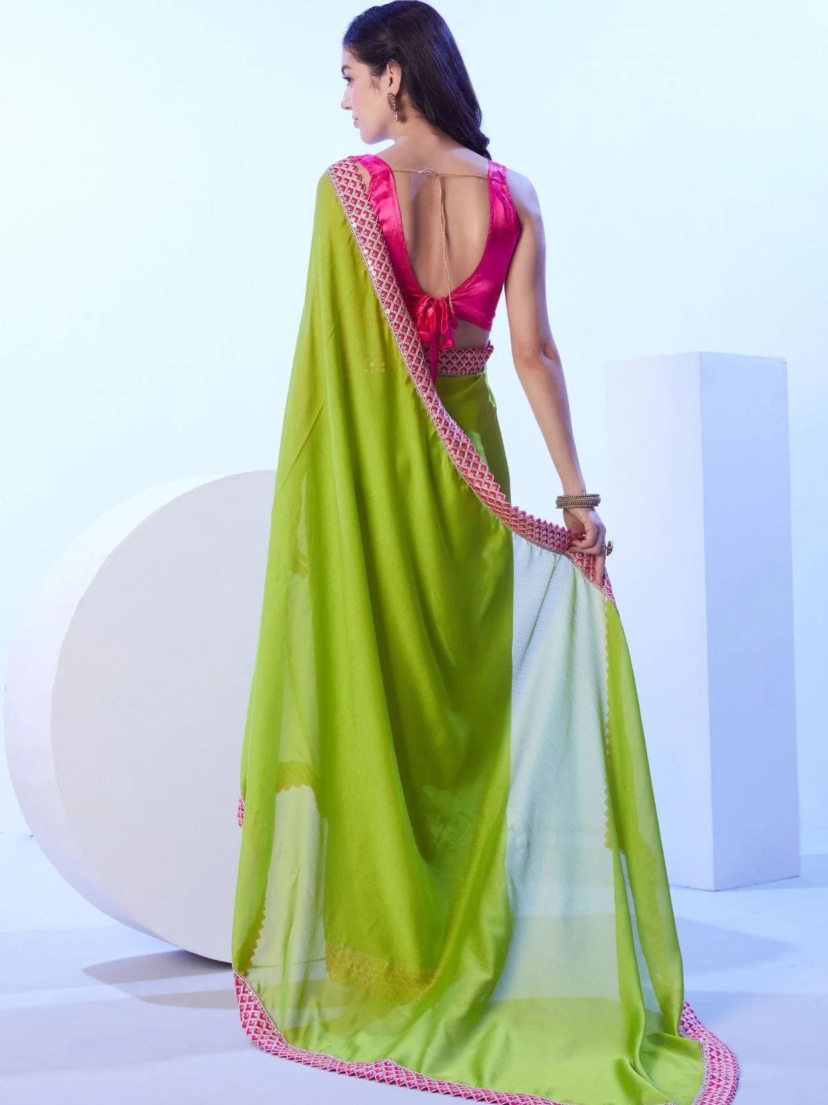 Odette Green Georgette Lace Work Saree With Unstitched Blouse For Women - Image 5