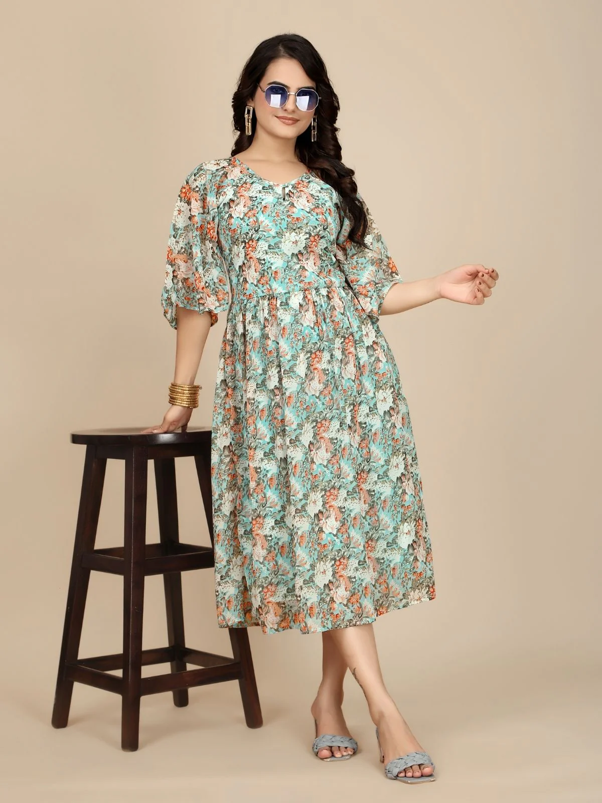 Odette Green Georgette Printed Dress For Women - Image 2