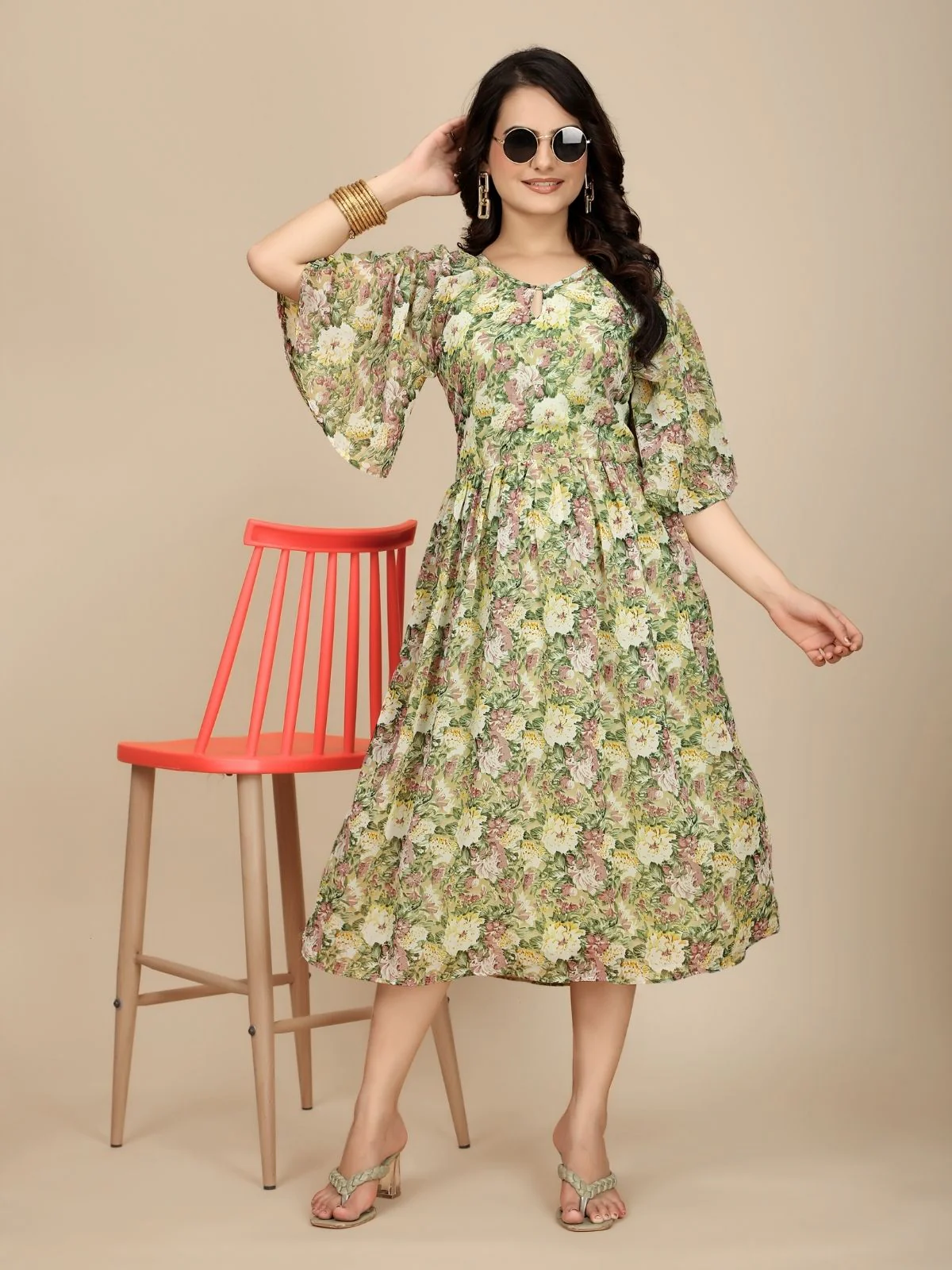 Odette Green Georgette Printed Dress For Women - Image 2