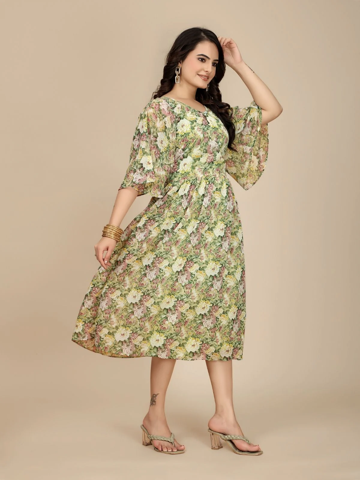 Odette Green Georgette Printed Dress For Women - Image 3