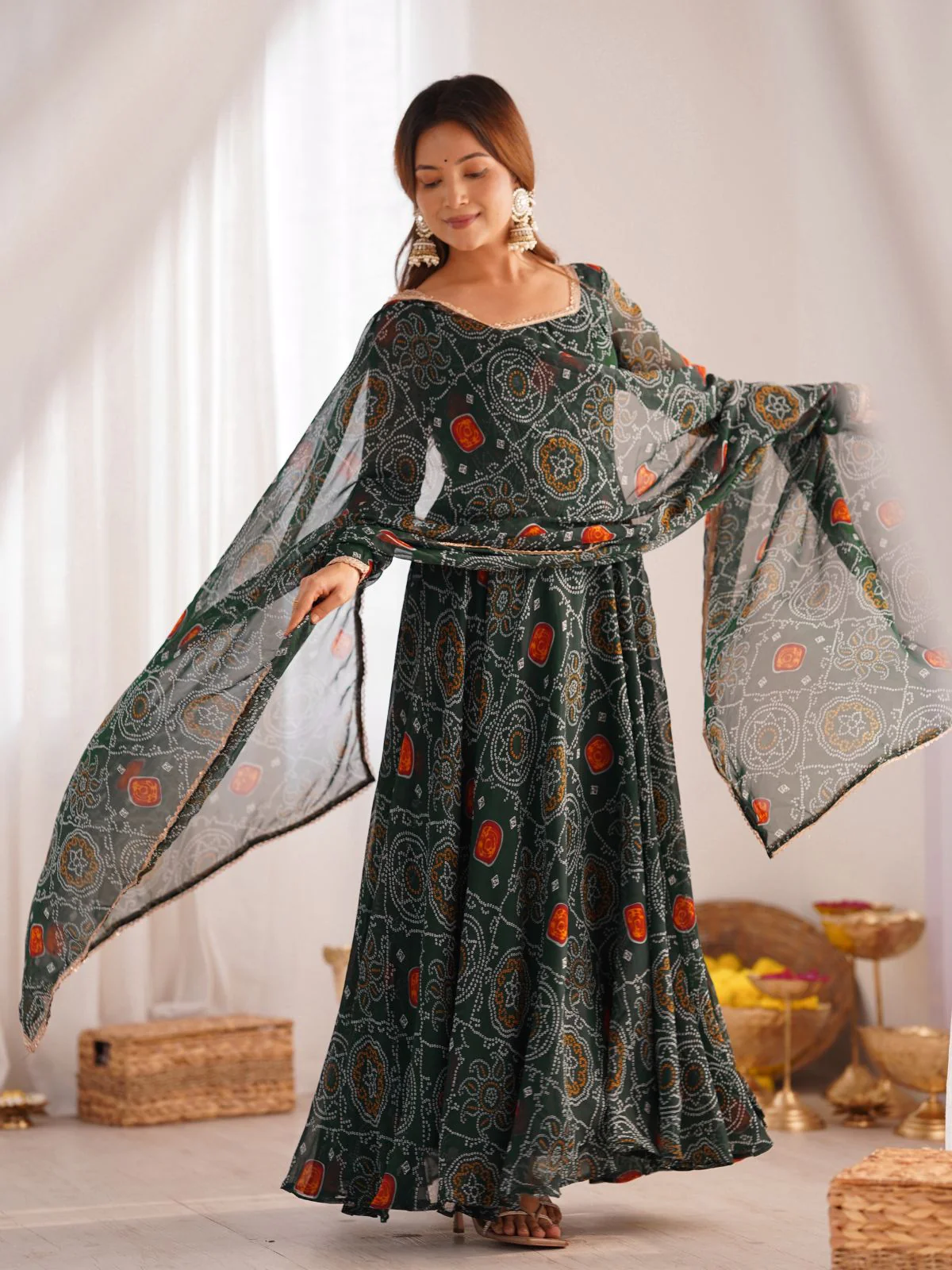 Odette Green Georgette Printed Kurta Set For Women