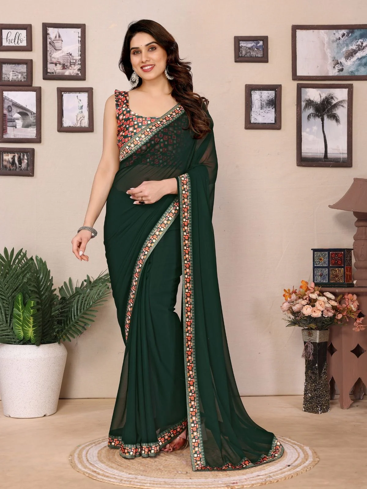 Odette Green Georgette Printed Saree For Women