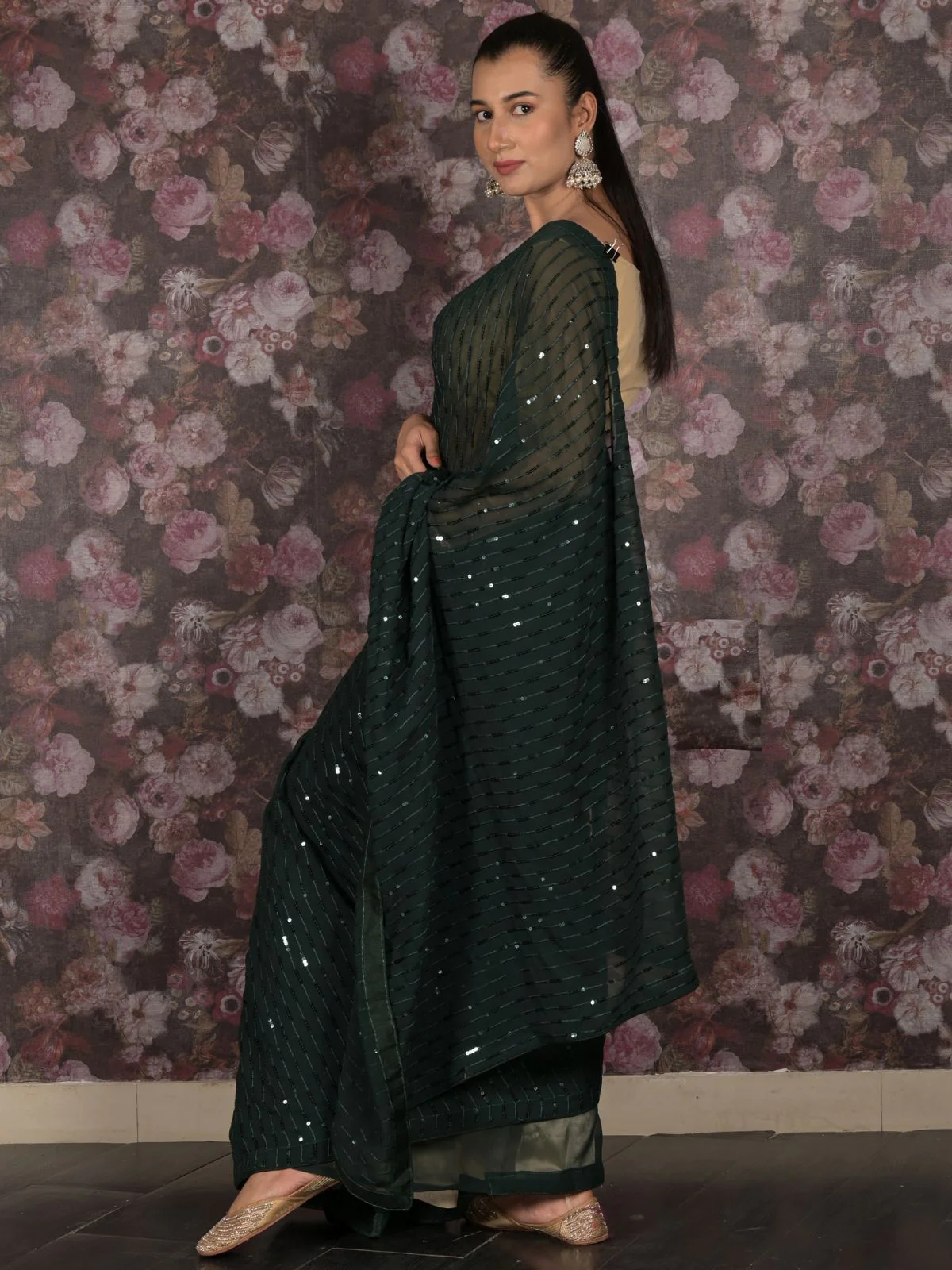 Odette Green Georgette Saree With Unstitched Blouse For Women - Image 3