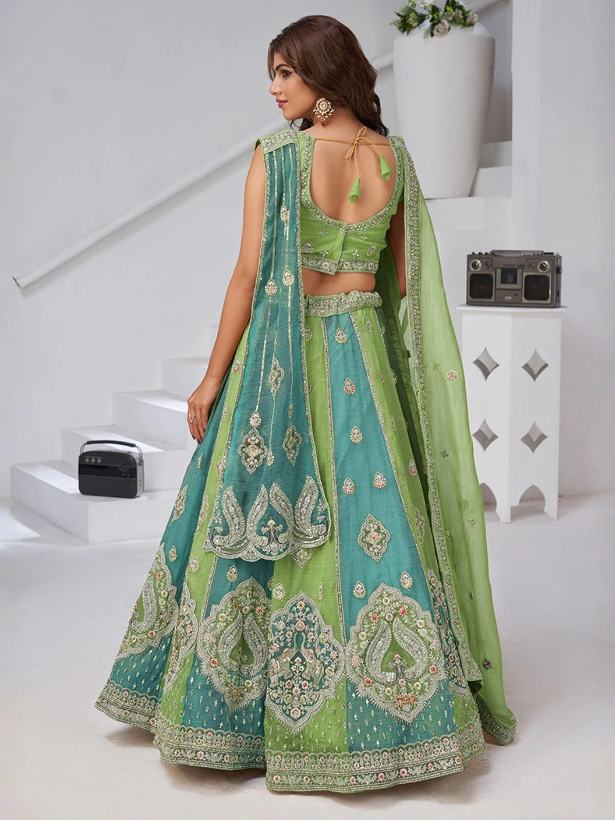Odette Green Georgette Tissue Embroidered Semi-Stitched Lehenga For Women - Image 2