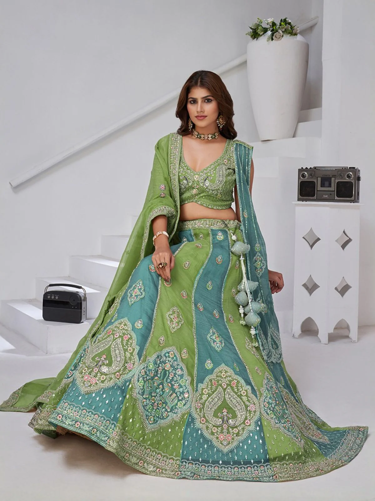 Odette Green Georgette Tissue Embroidered Semi-Stitched Lehenga For Women - Image 3