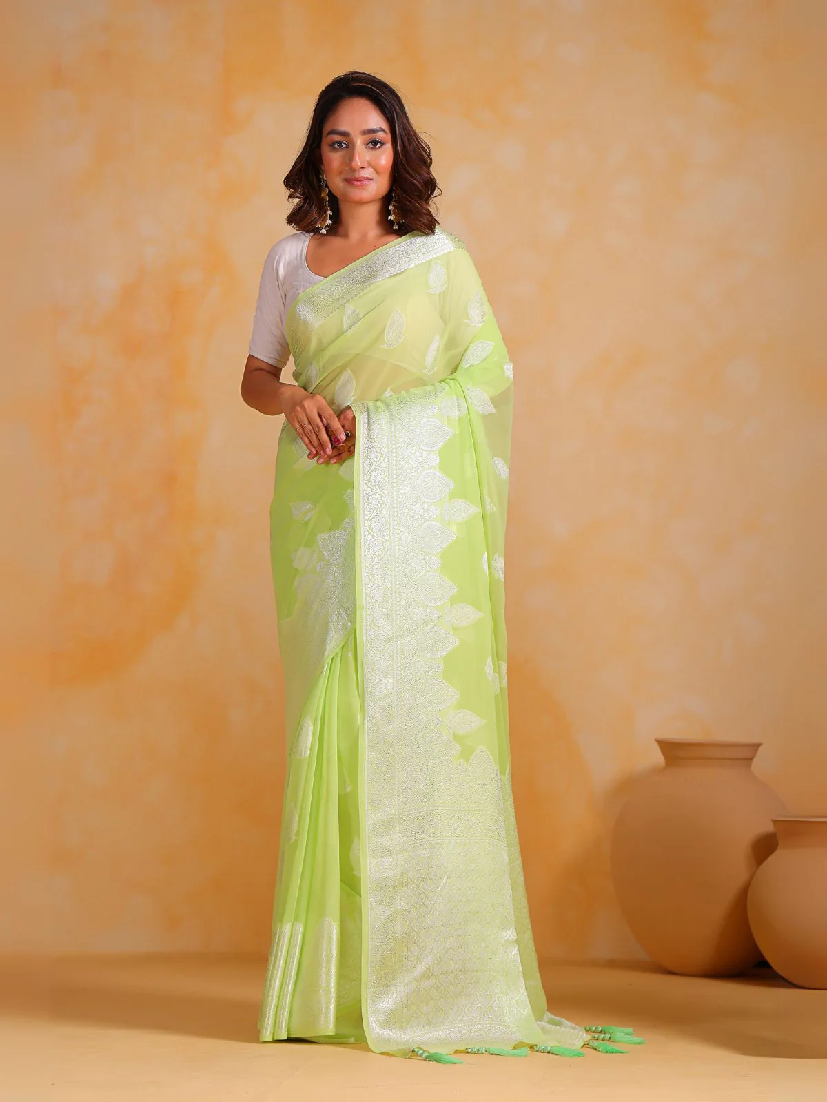 Odette Green Georgette Woven Design Saree With Unstitched Blouse For Women