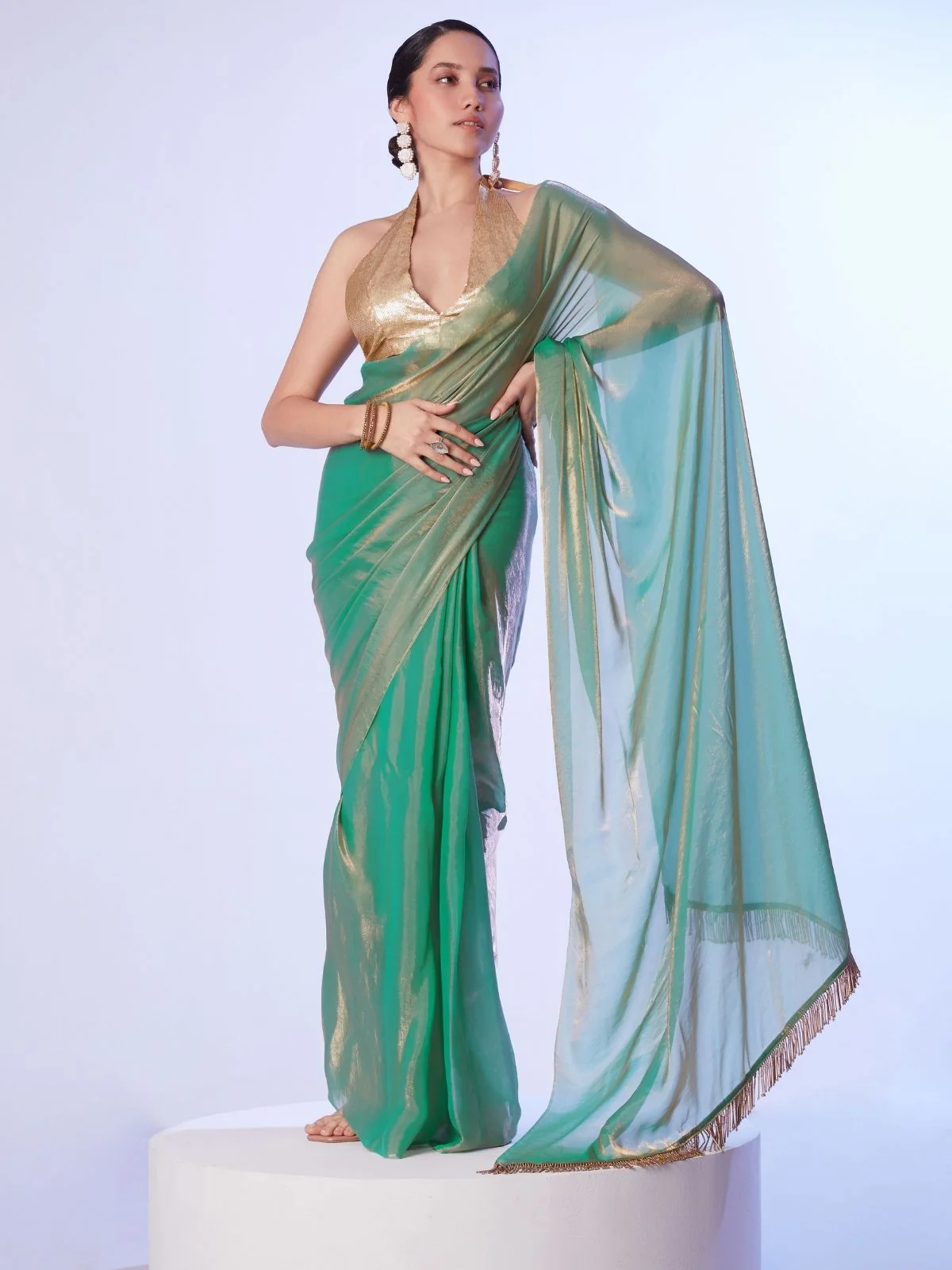 Odette Green Gold Organza Beads Saree With Unstitched Blouse For Women - Image 2