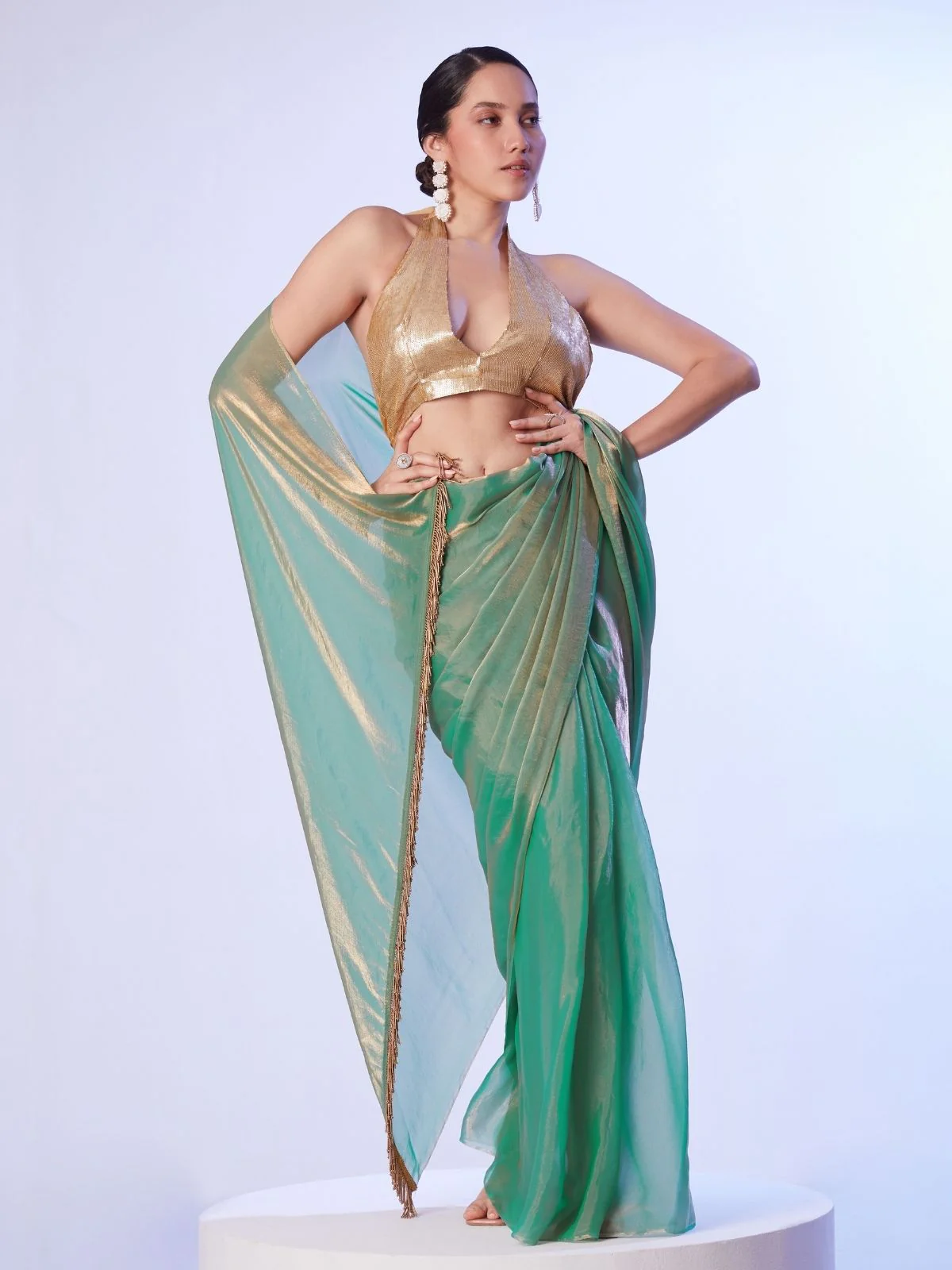 Odette Green Gold Organza Beads Saree With Unstitched Blouse For Women - Image 3