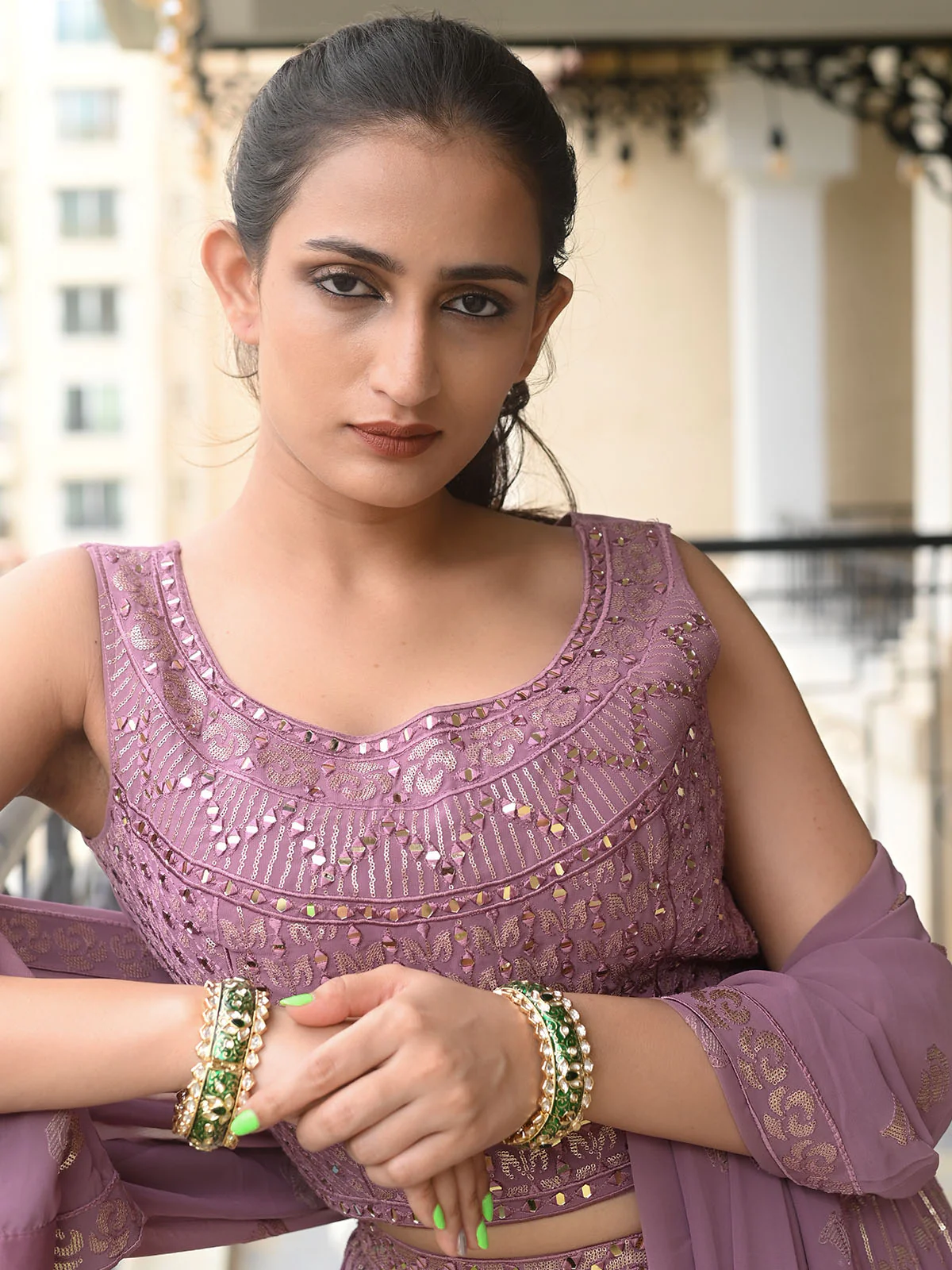 Odette Green Gold Plated Kundan Bangles For Women - Image 2