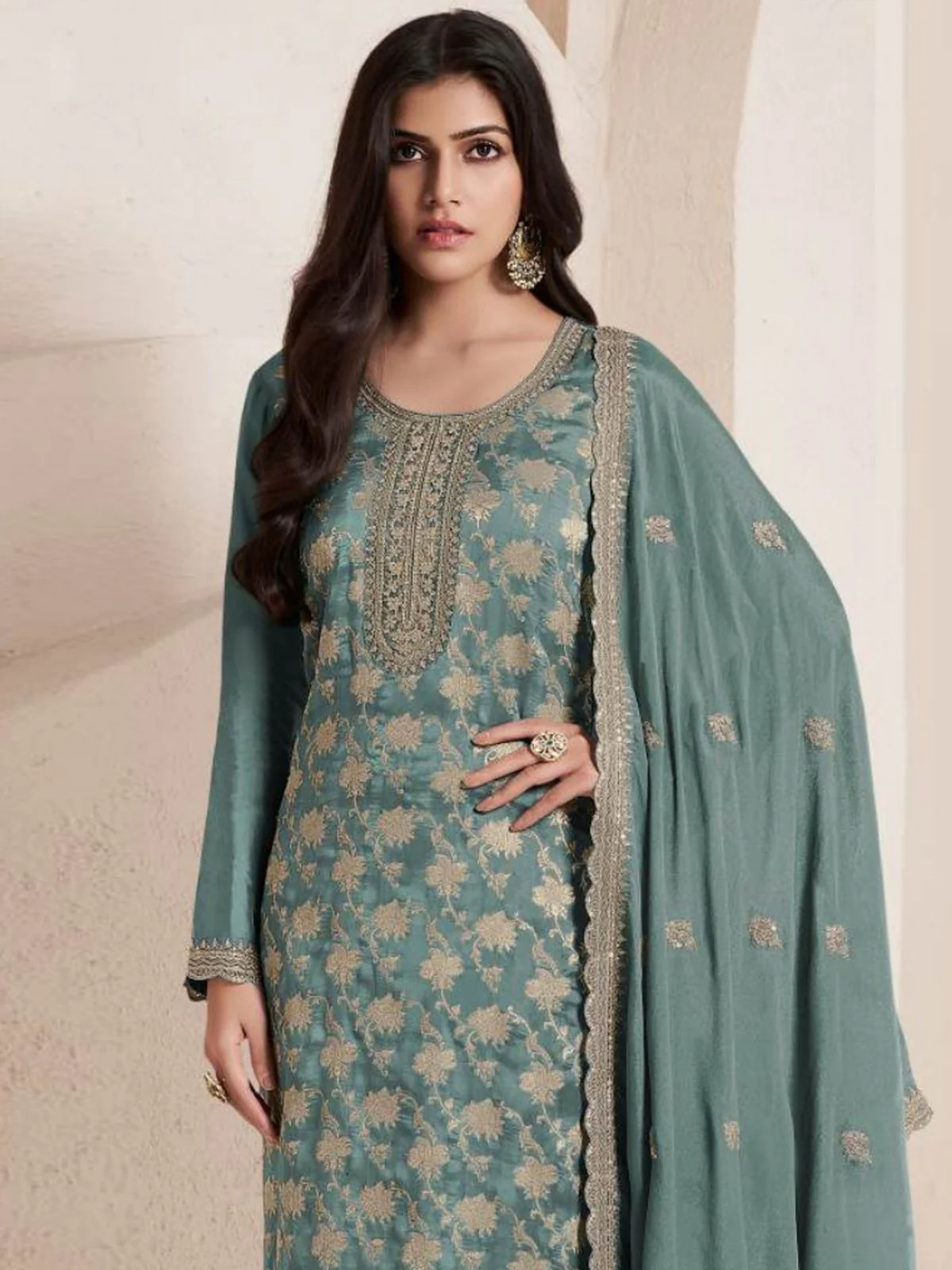 Odette Green Jacquard Embroidered Semi Stitched Kurta Set For Women - Image 2