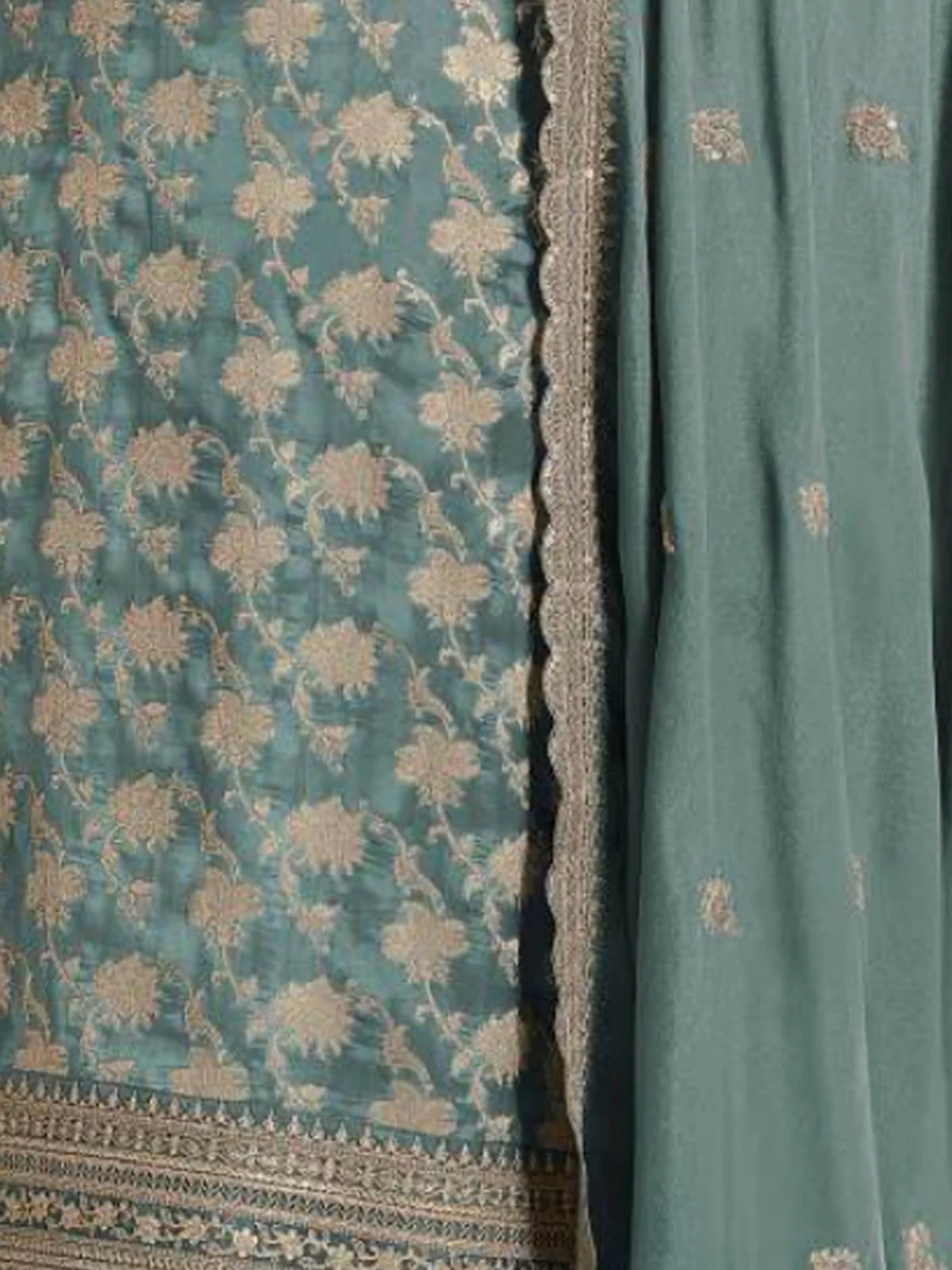 Odette Green Jacquard Embroidered Semi Stitched Kurta Set For Women - Image 3