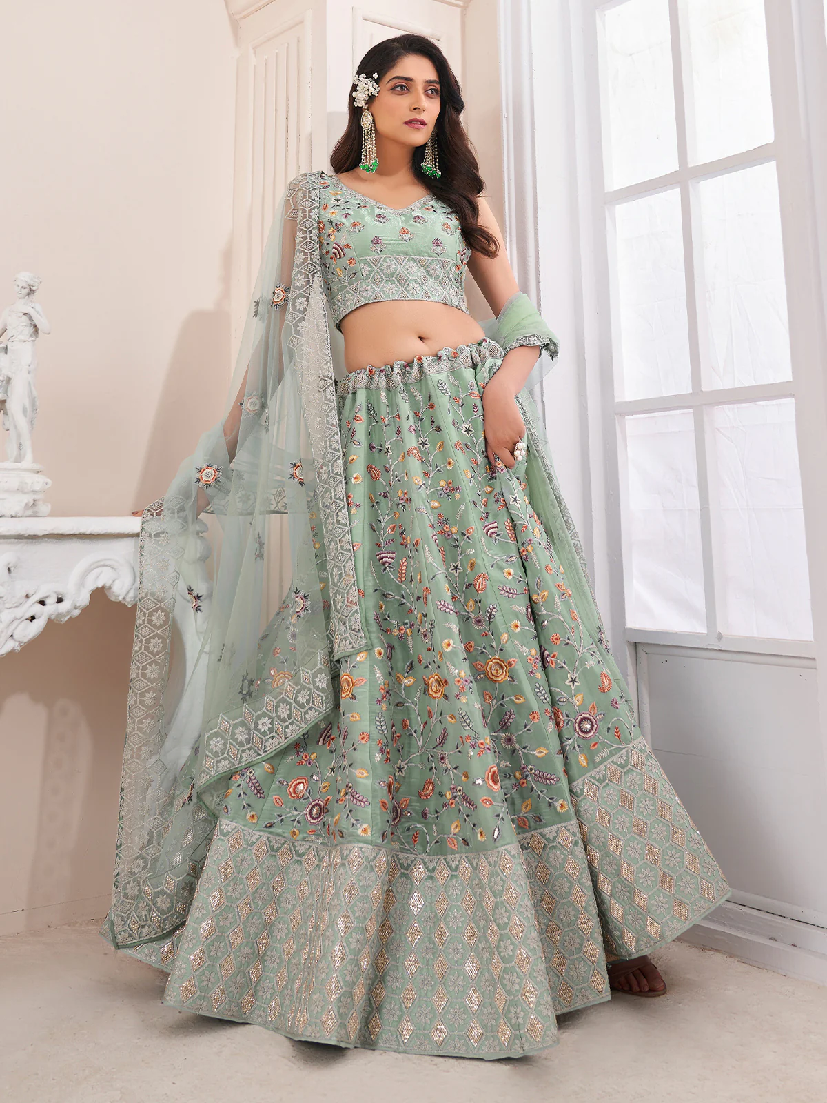Odette Green Organza Blend Embroidered Semi Stitched Lehenga With Unstitched Blouse for Women - Image 2