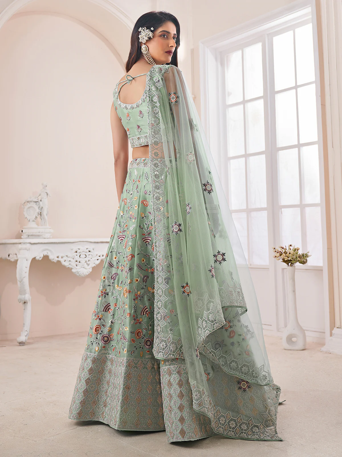 Odette Green Organza Blend Embroidered Semi Stitched Lehenga With Unstitched Blouse for Women - Image 3