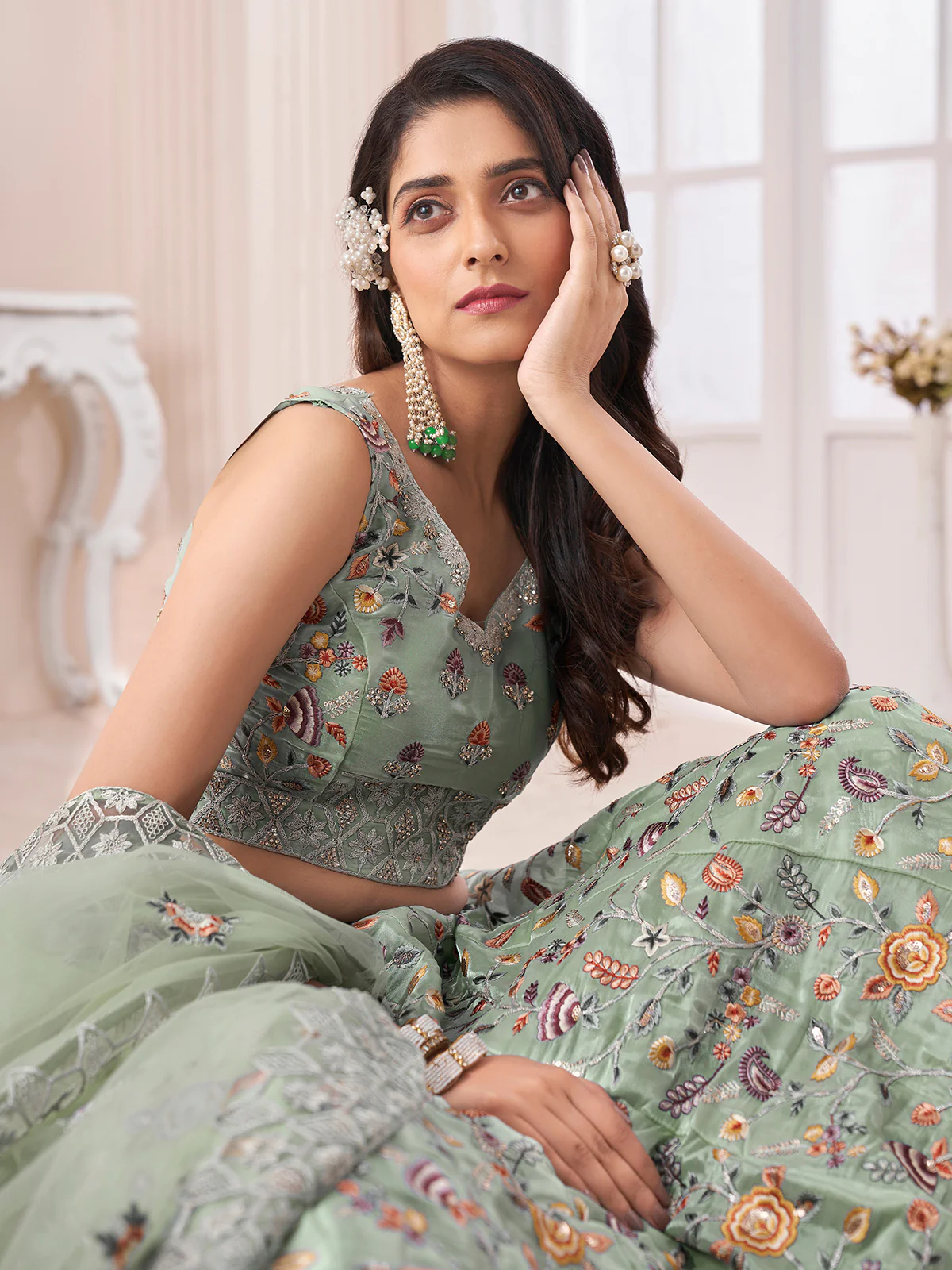 Odette Green Organza Blend Embroidered Semi Stitched Lehenga With Unstitched Blouse for Women - Image 4