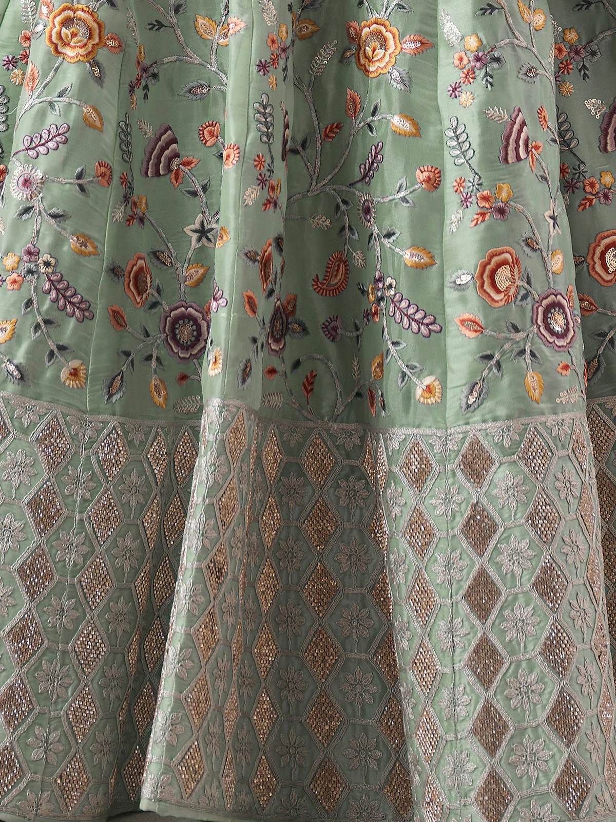 Odette Green Organza Blend Embroidered Semi Stitched Lehenga With Unstitched Blouse for Women - Image 5