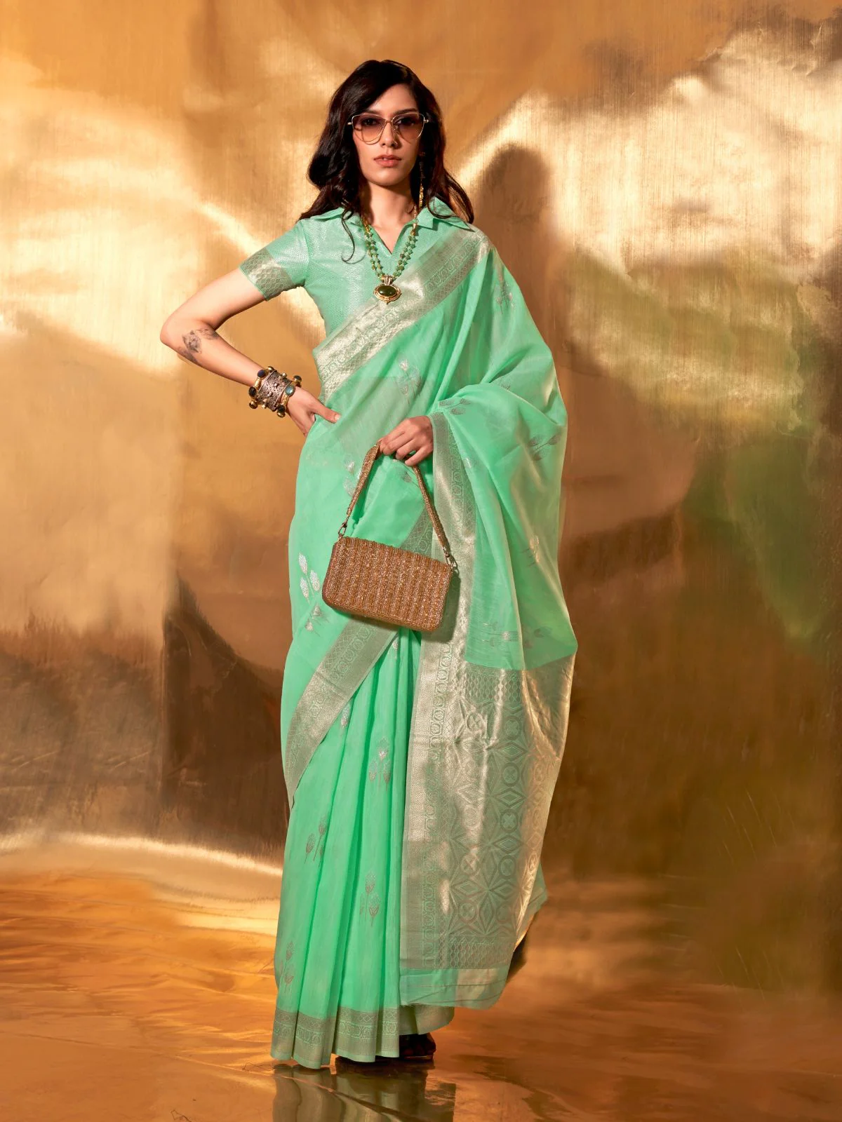 Odette Green Linen Woven Saree With Unstitched Blouse For Women