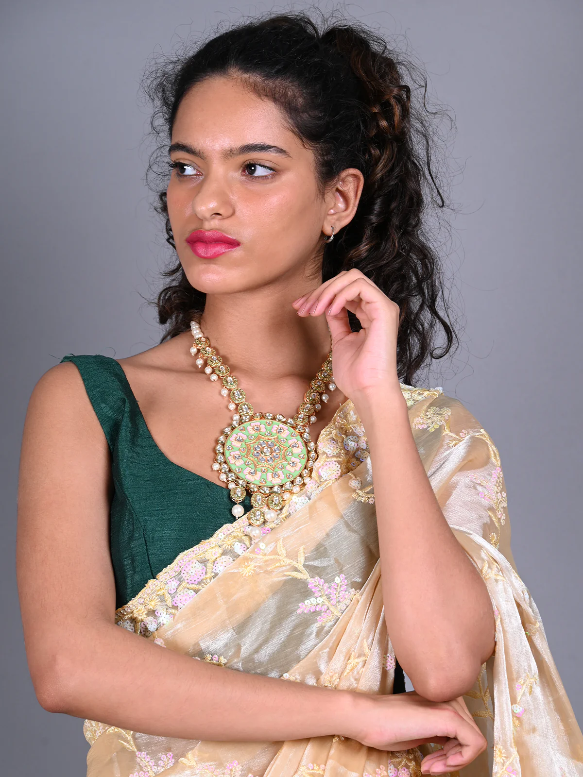 Odette Green Meenkari And Kundan Embellished Neck Piece For Women - Image 2