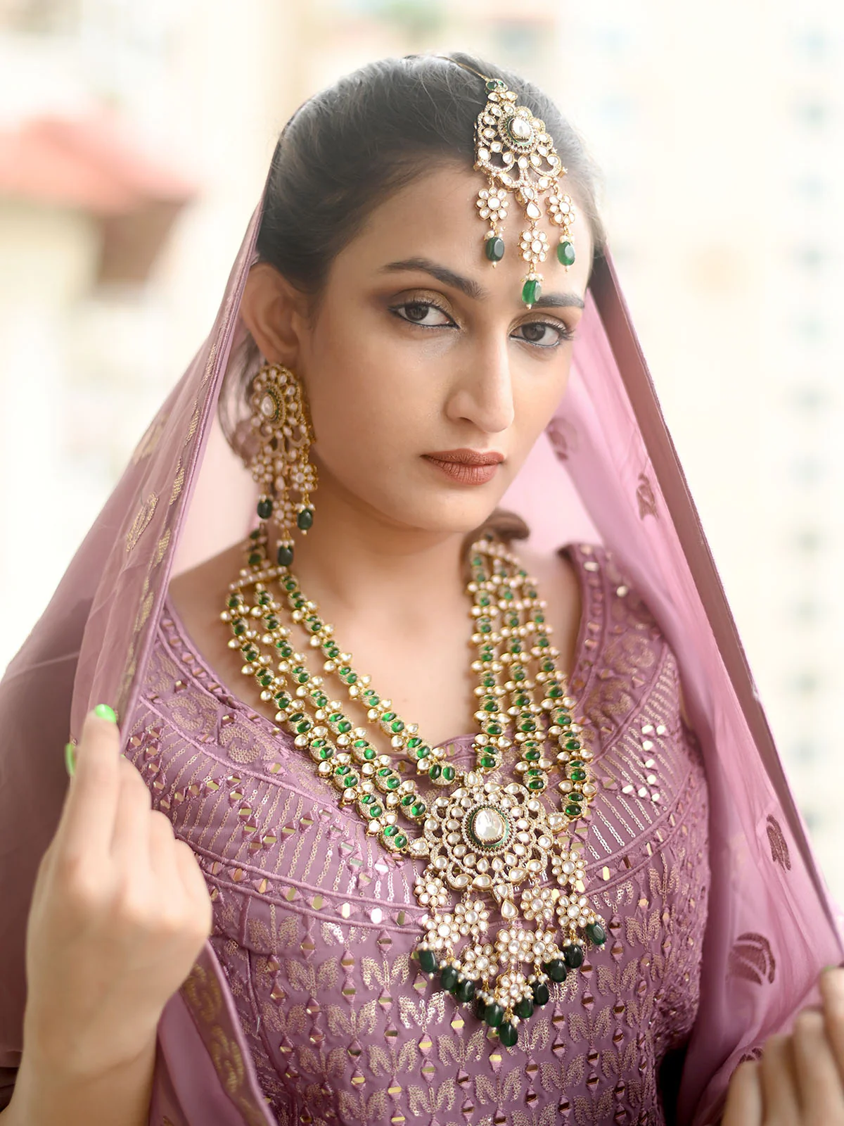 Odette Green Mixed Metal Embellished Gold Plated Neckpiece Set For Women - Image 2