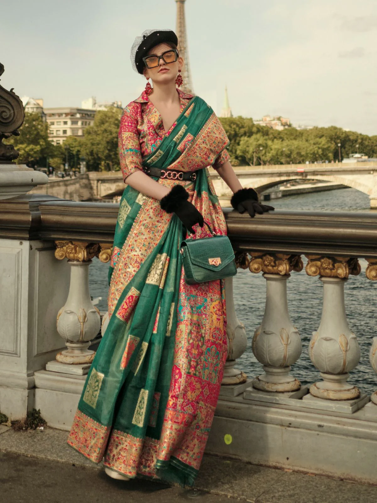 Odette Green Modal Woven Saree With Unstitched Blouse For Women