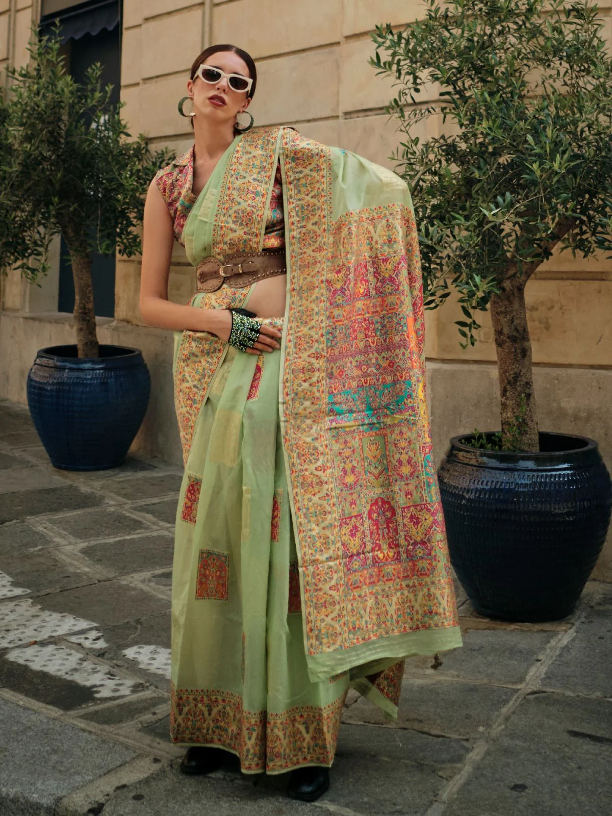 Odette Green Modal Woven Saree With Unstitched Blouse For Women