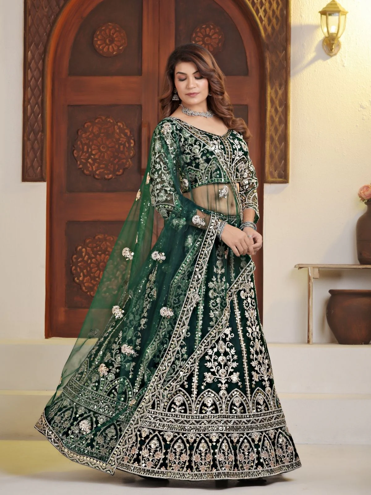 Odette Green Net Embellished Semi Stitched Lehenga For Women - Image 2