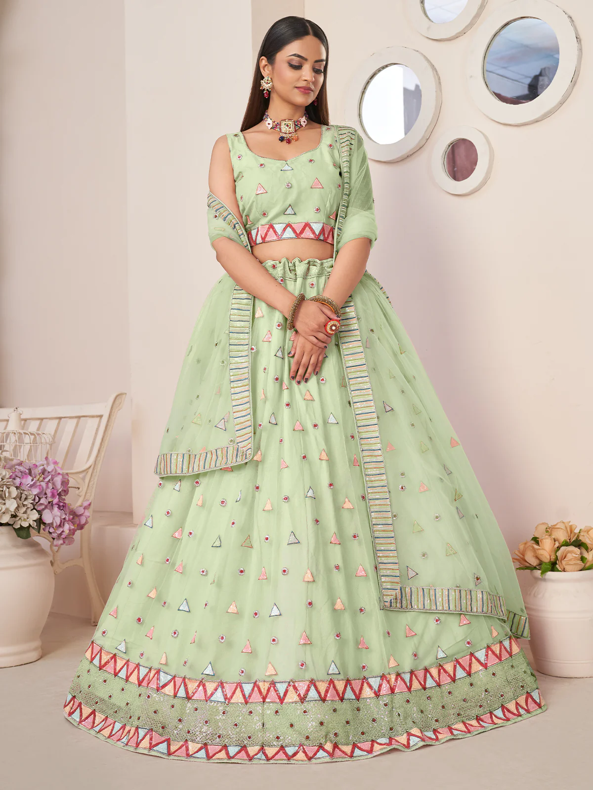 Odette Green Net Embellished Semi Stitched Lehenga With Unstitched Blouse for Women - Image 2
