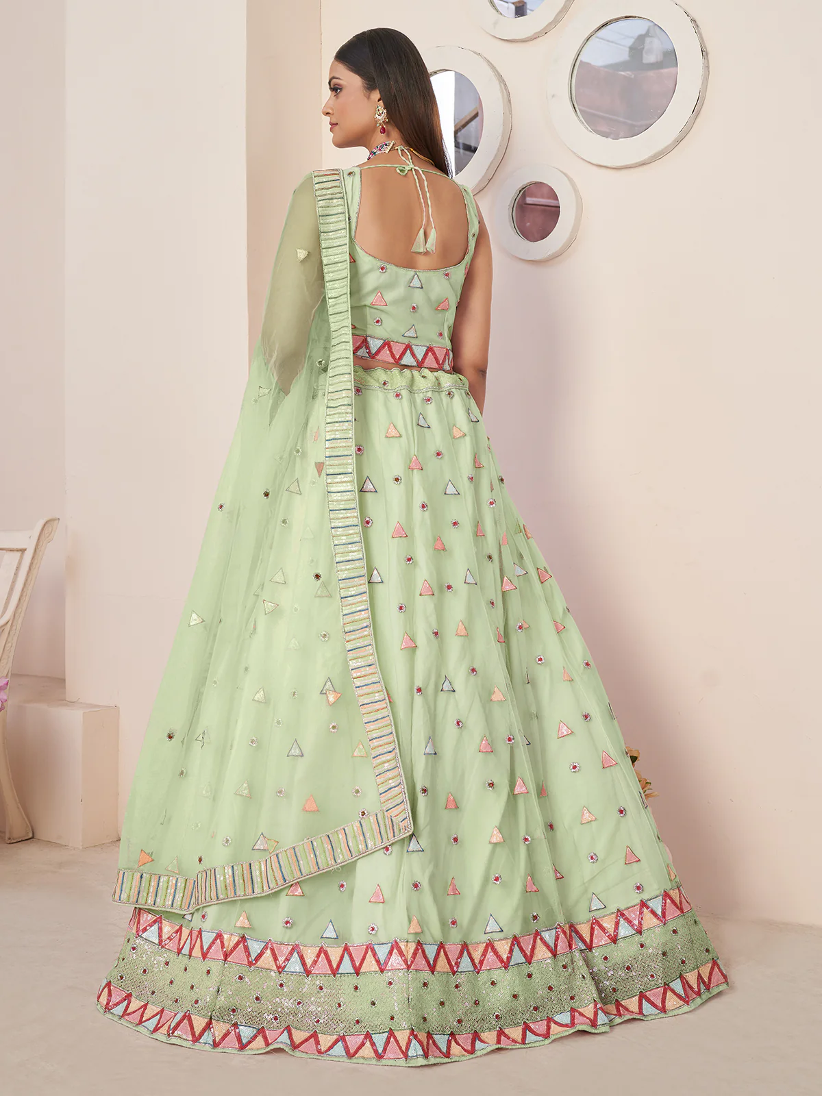 Odette Green Net Embellished Semi Stitched Lehenga With Unstitched Blouse for Women - Image 3