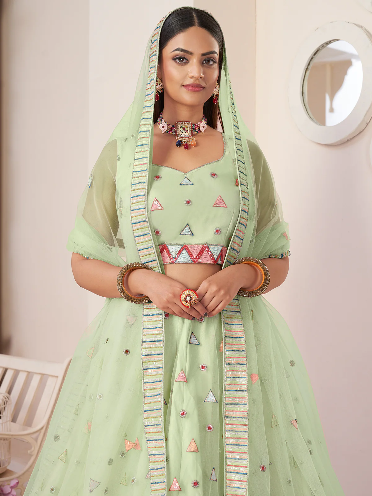Odette Green Net Embellished Semi Stitched Lehenga With Unstitched Blouse for Women - Image 4