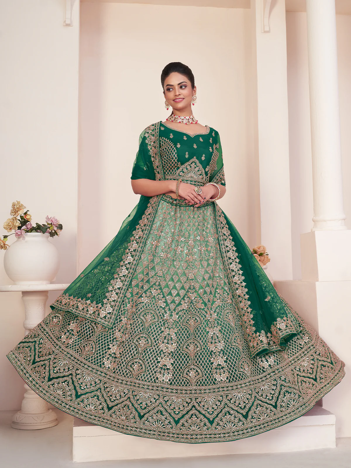 Odette Green Net Embellished Semi Stitched Lehenga With Unstitched Blouse for Women - Image 2
