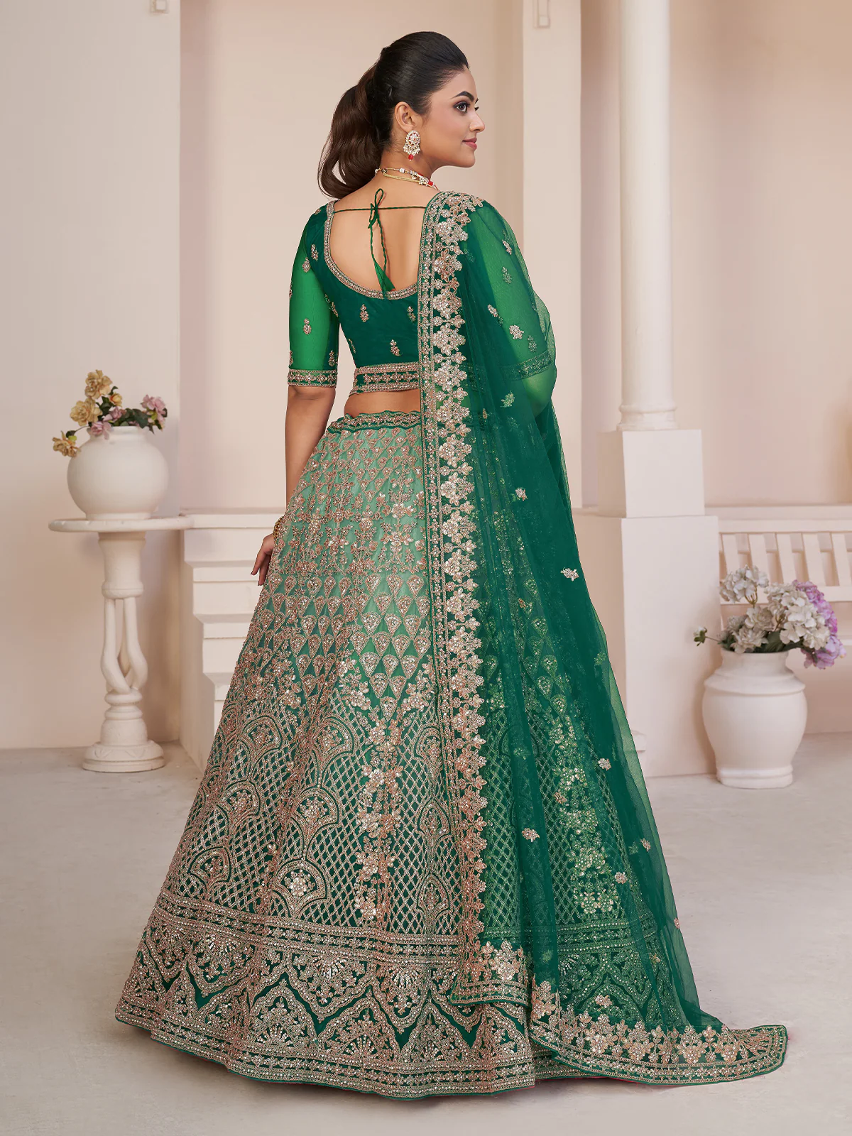 Odette Green Net Embellished Semi Stitched Lehenga With Unstitched Blouse for Women - Image 3