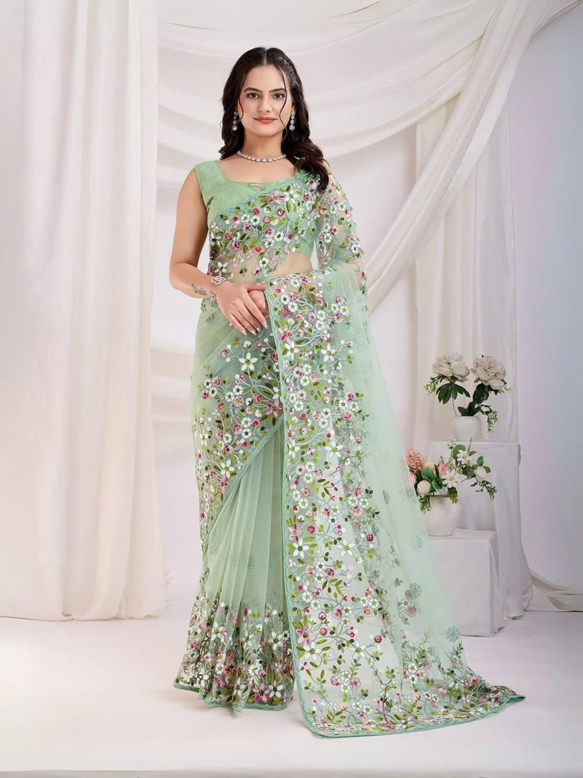 Odette Sea Green Net Embroidered Elegant Saree For Women