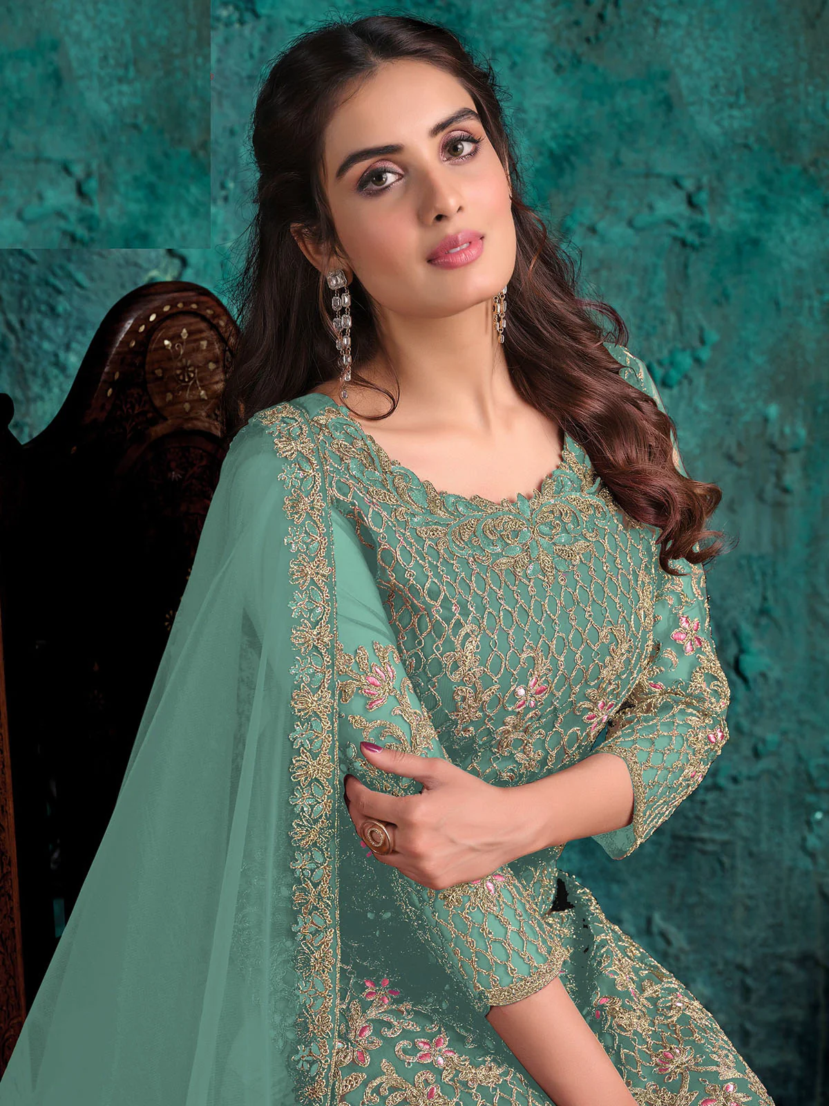 Odette Sea Green Net Embroidered Semi Stitched Kurta Set For Women - Image 2