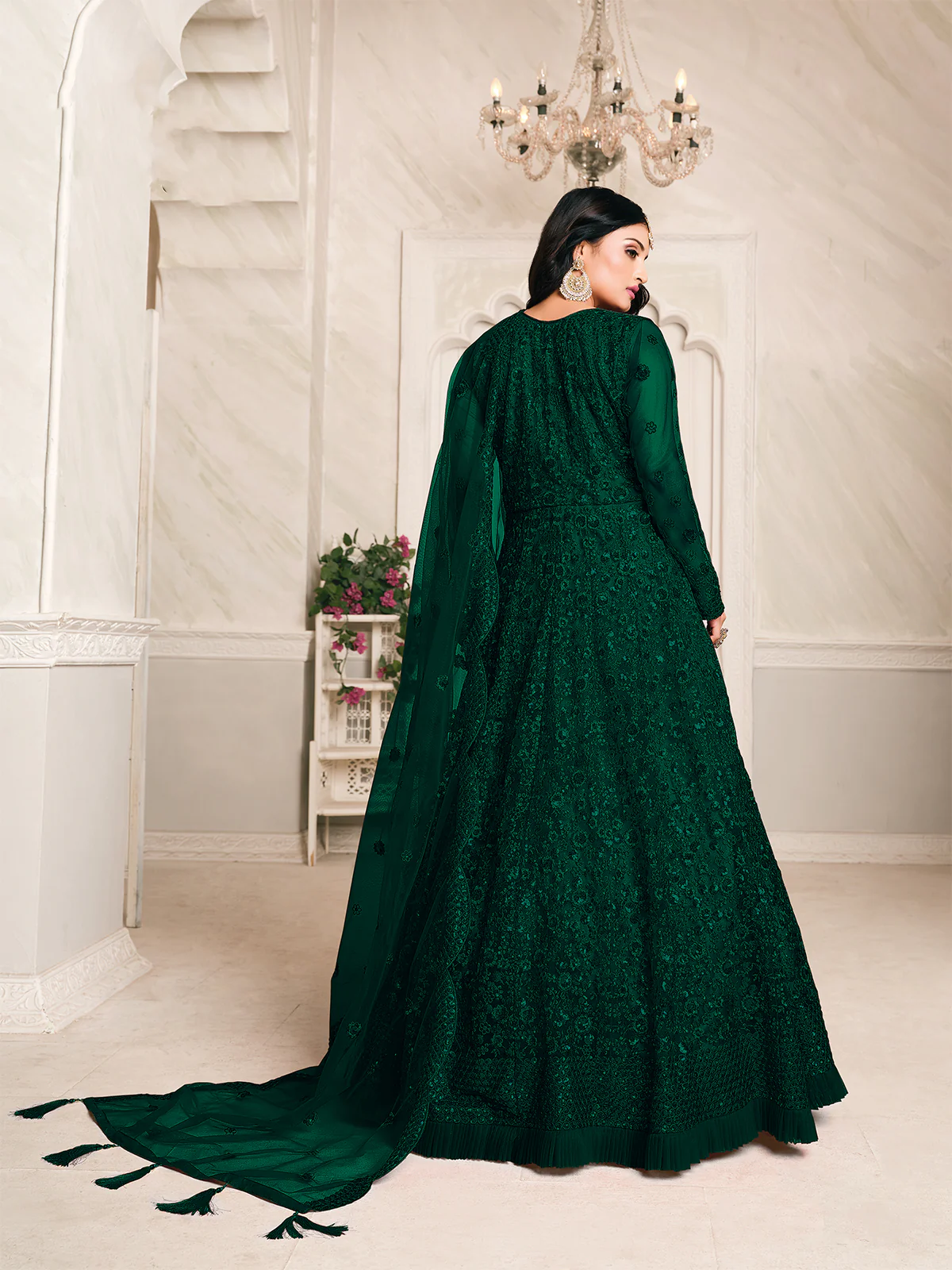Odette Green Net Embroidered Semi stitched Kurta Set with Inner For Women - Image 2