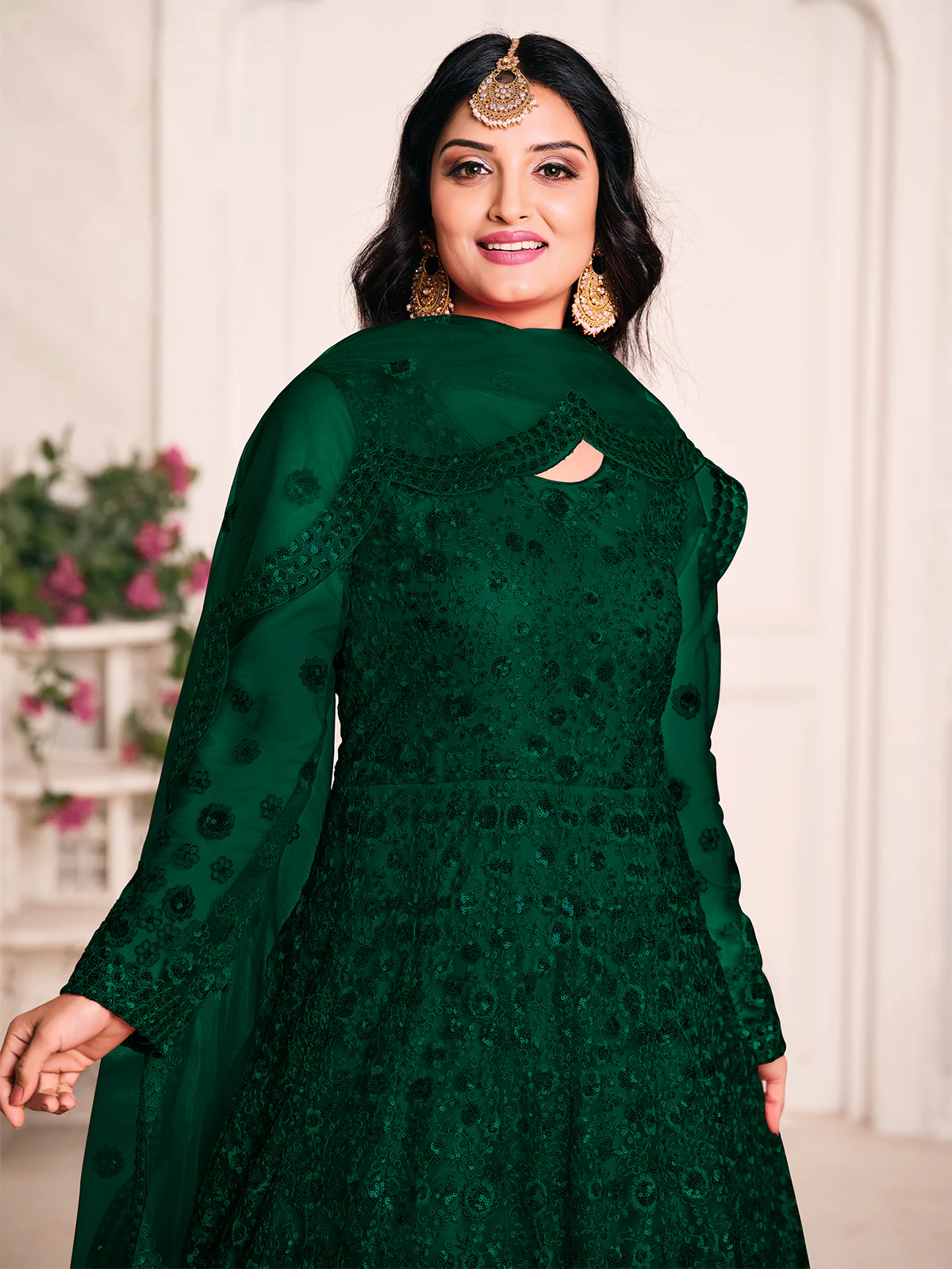 Odette Green Net Embroidered Semi stitched Kurta Set with Inner For Women - Image 3