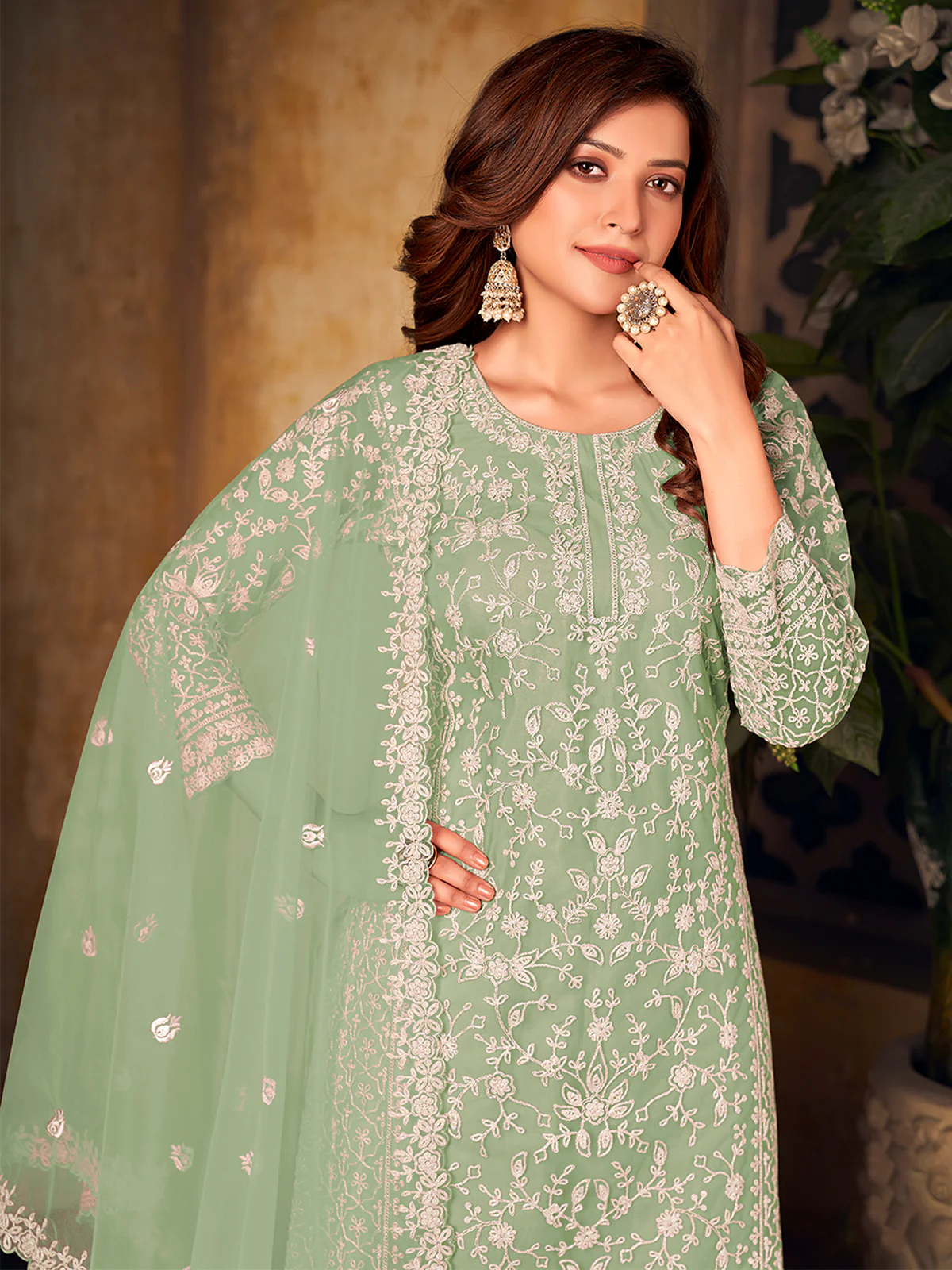 Odette Green Net Embroidered Semi stitched Kurta Set with Inner For Women - Image 3