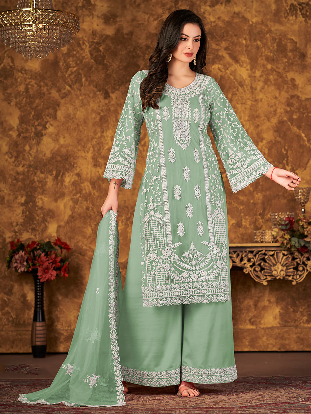Odette Green Net Embroidered Semi stitched Kurta Set with Inner For Women - Image 2