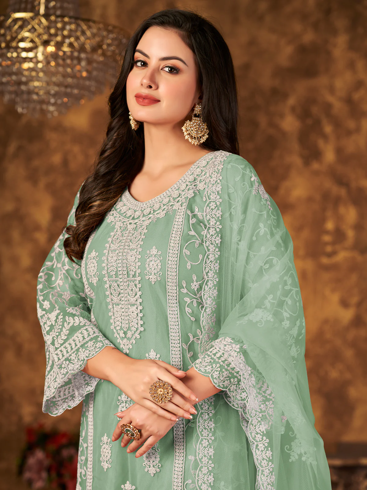 Odette Green Net Embroidered Semi stitched Kurta Set with Inner For Women - Image 3