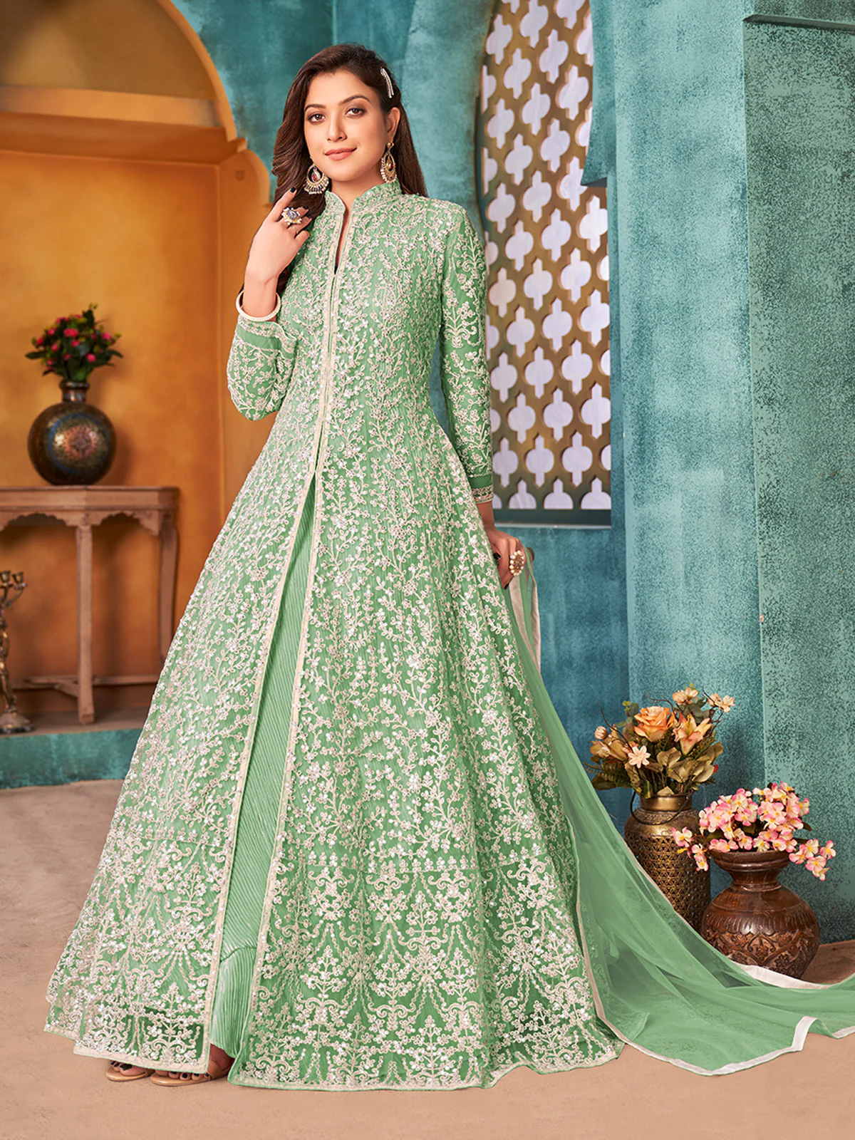 Odette Green Net  Embroidered Semi stitched Kurta Set with Inner For Women - Image 2