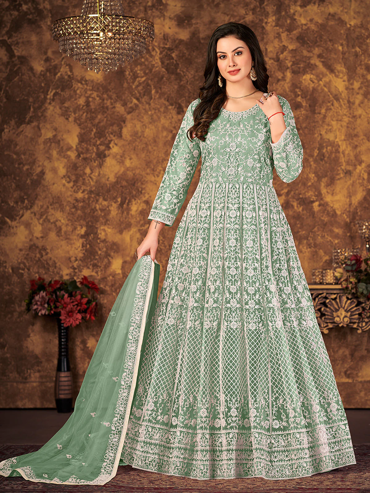 Odette Green Net Embroidered Semi stitched Kurta Set with Inner For Women - Image 2