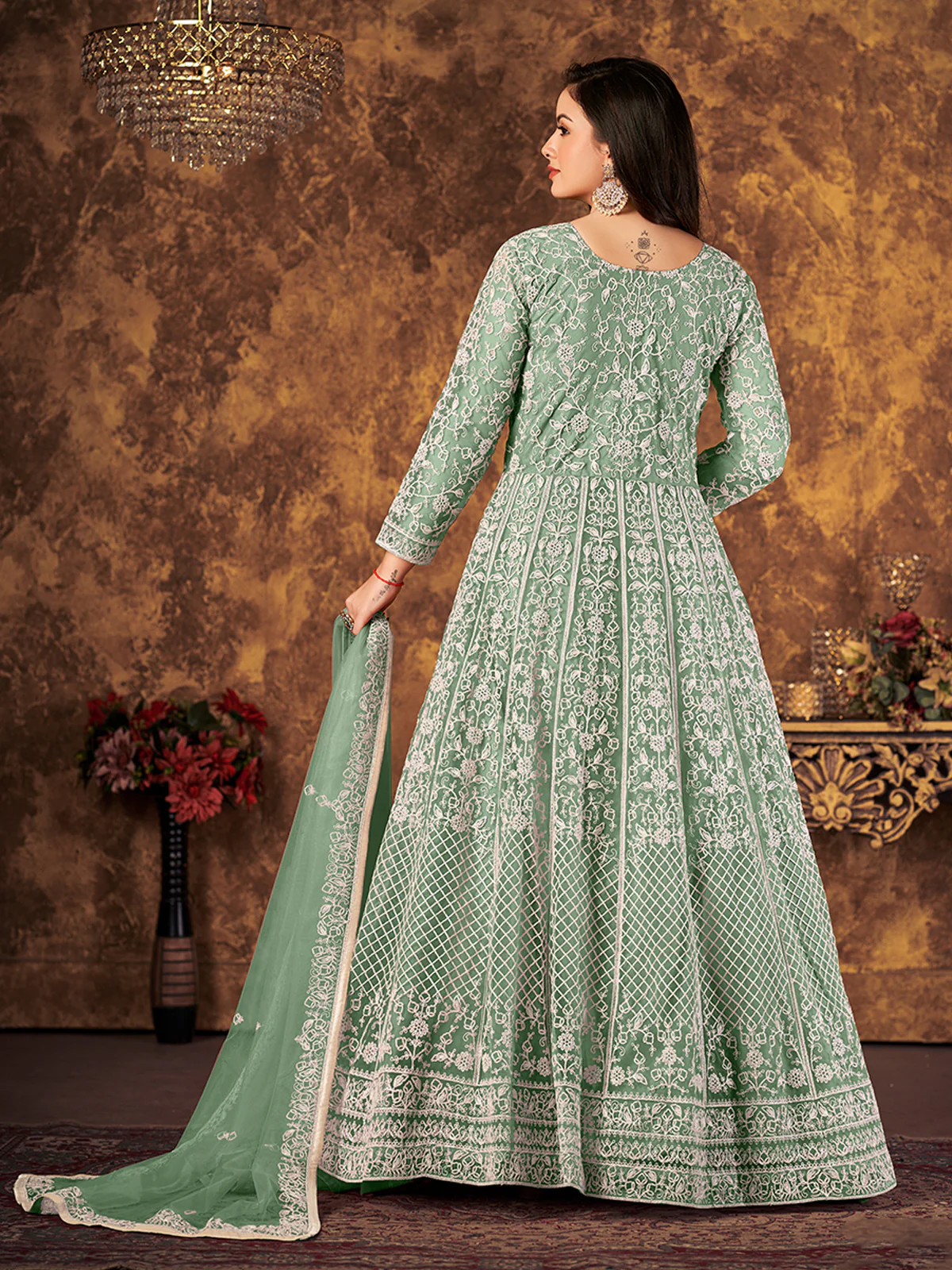 Odette Green Net Embroidered Semi stitched Kurta Set with Inner For Women - Image 3