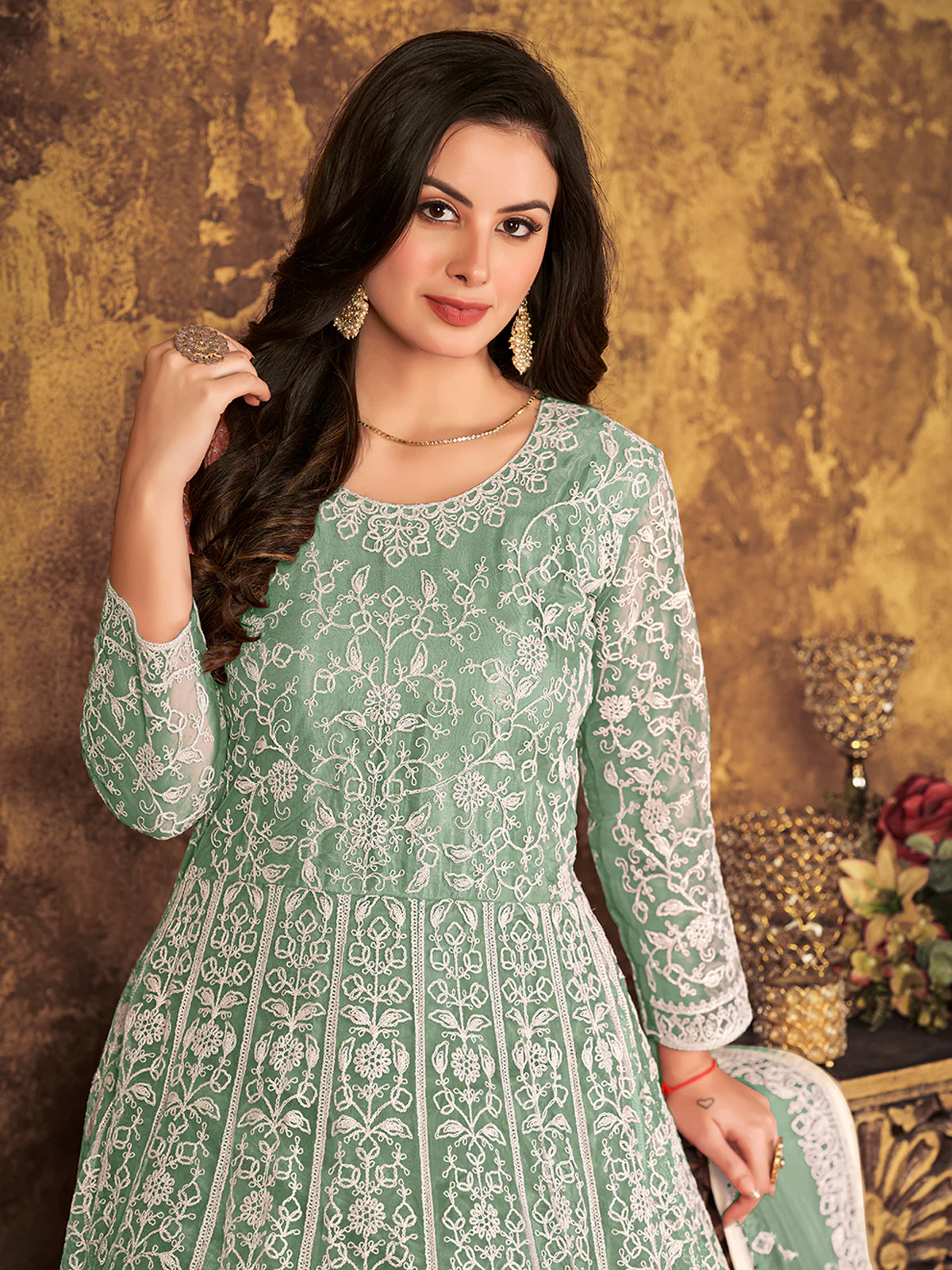 Odette Green Net Embroidered Semi stitched Kurta Set with Inner For Women - Image 4
