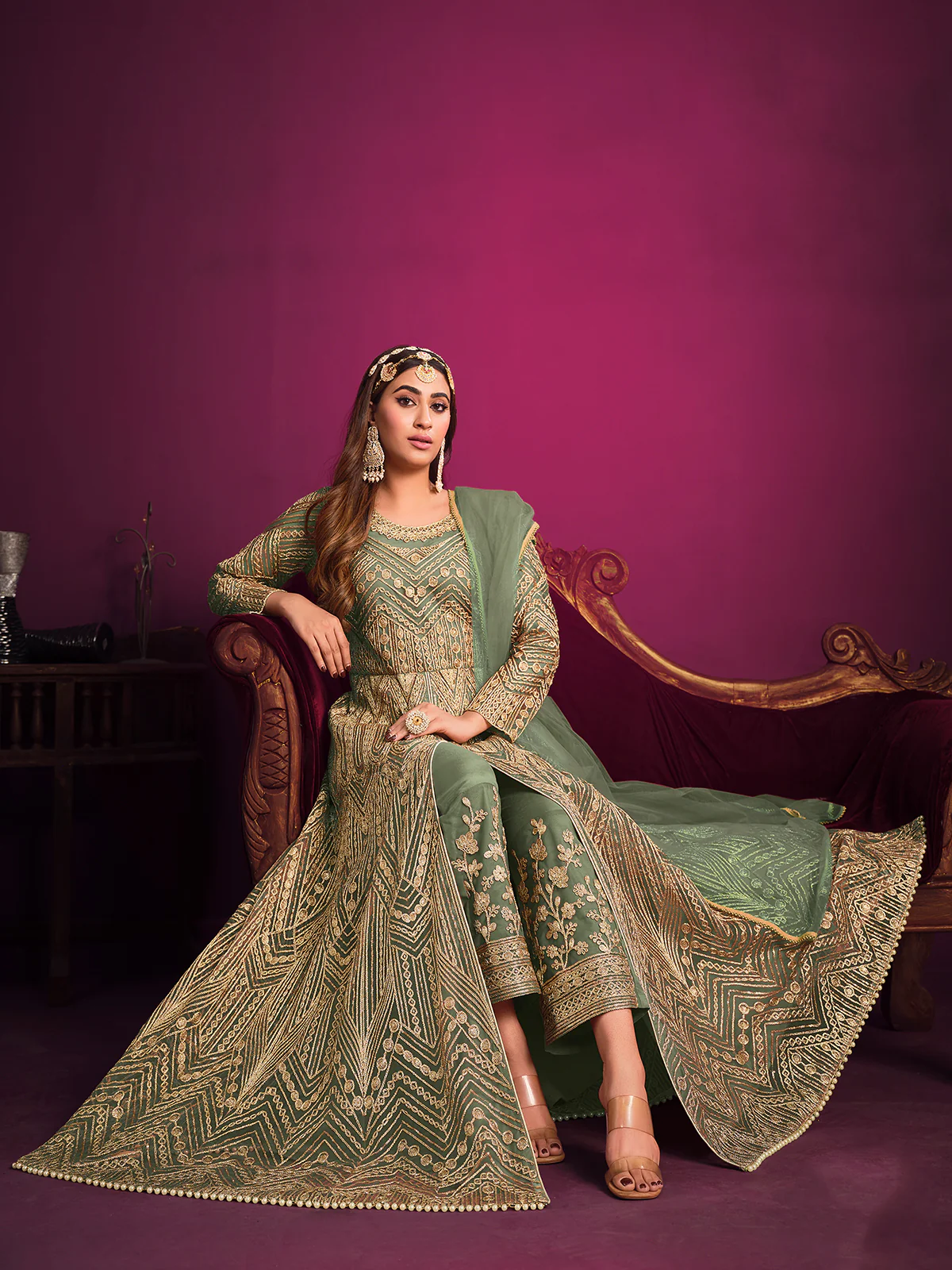 Odette Green Net  Embroidered Semi stitched Kurta Set With Inner For Women - Image 2