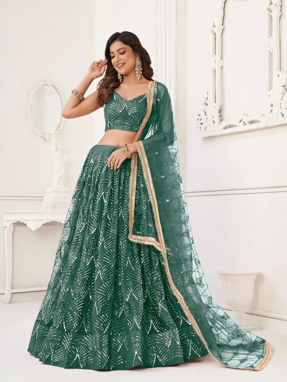 Odette Green Net Embroidered Semi Stitched Lehenga For Women - Image 2