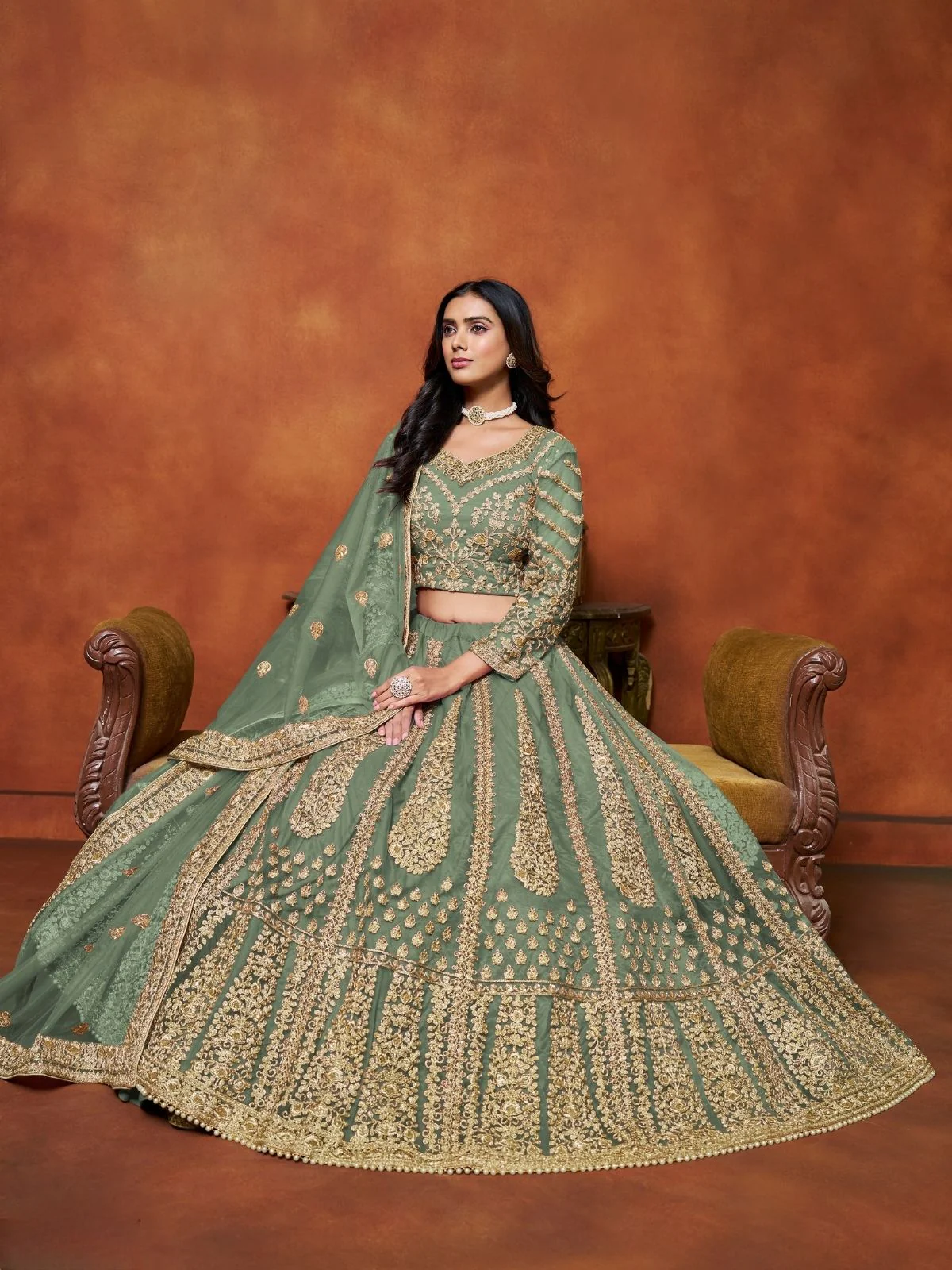 Odette Green Net Embroidered Semi-Stitched lehenga For Women - Image 2