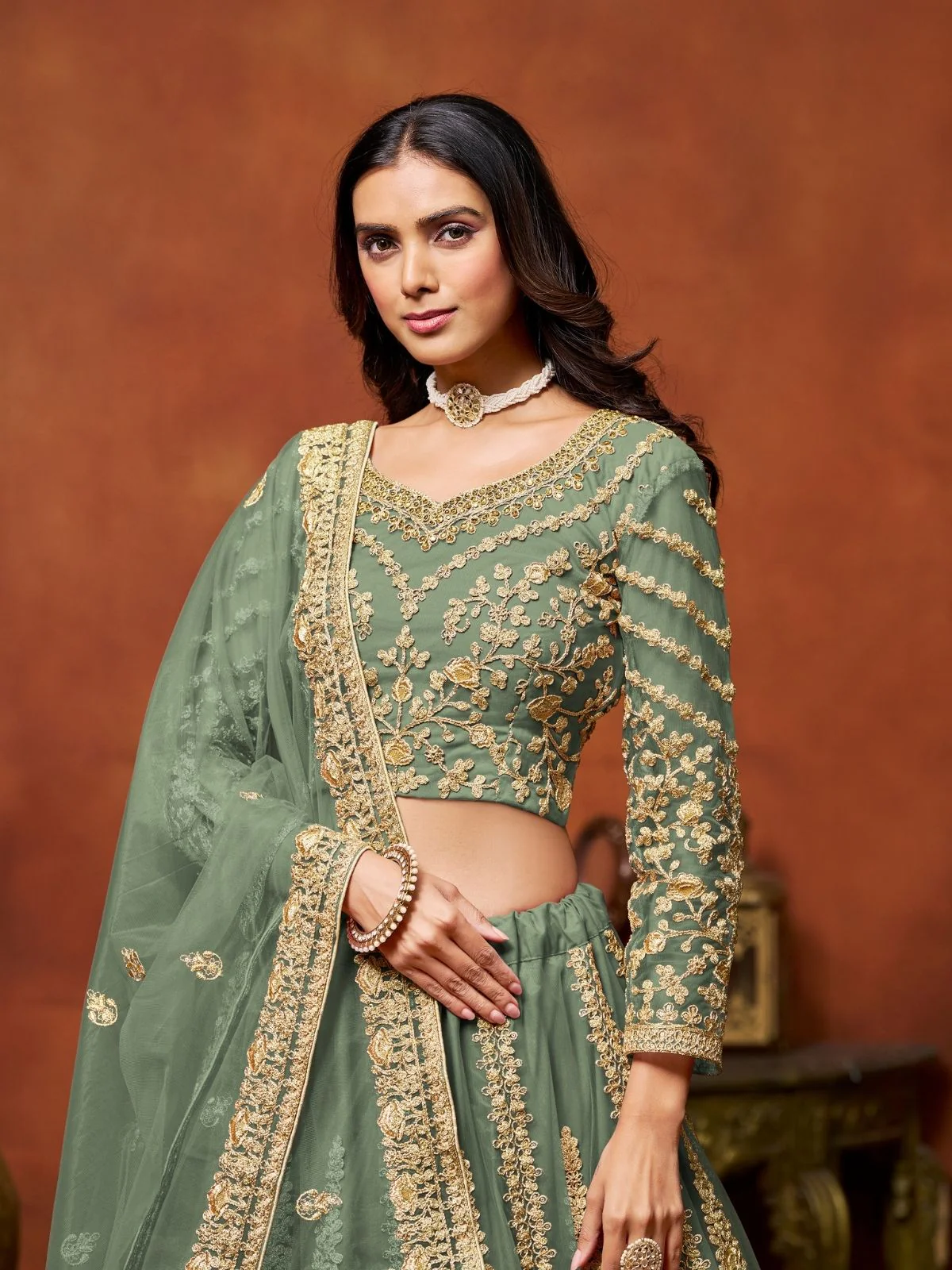 Odette Green Net Embroidered Semi-Stitched lehenga For Women - Image 4