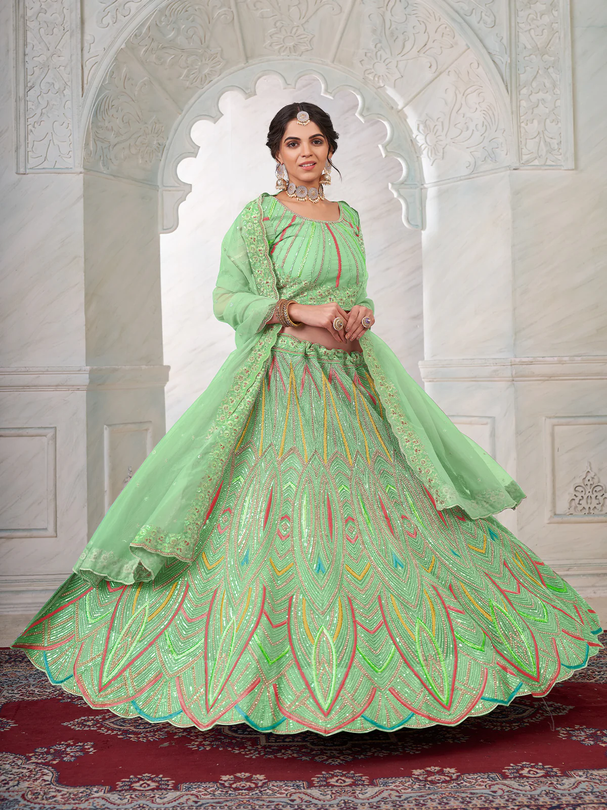 Odette Green Net Embroidered Semi Stitched Lehenga With Unstitched Blouse for Women - Image 2