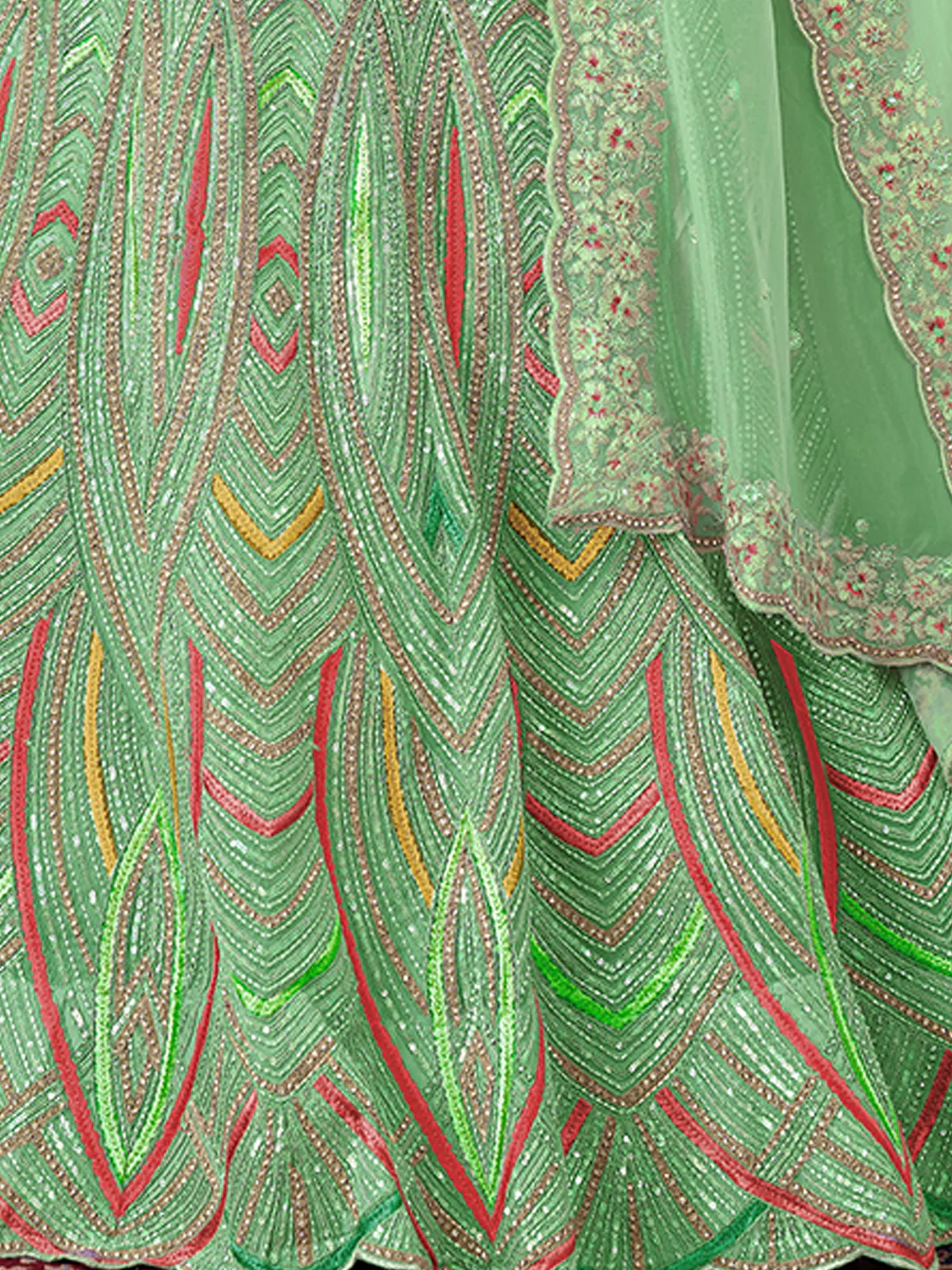 Odette Green Net Embroidered Semi Stitched Lehenga With Unstitched Blouse for Women - Image 5