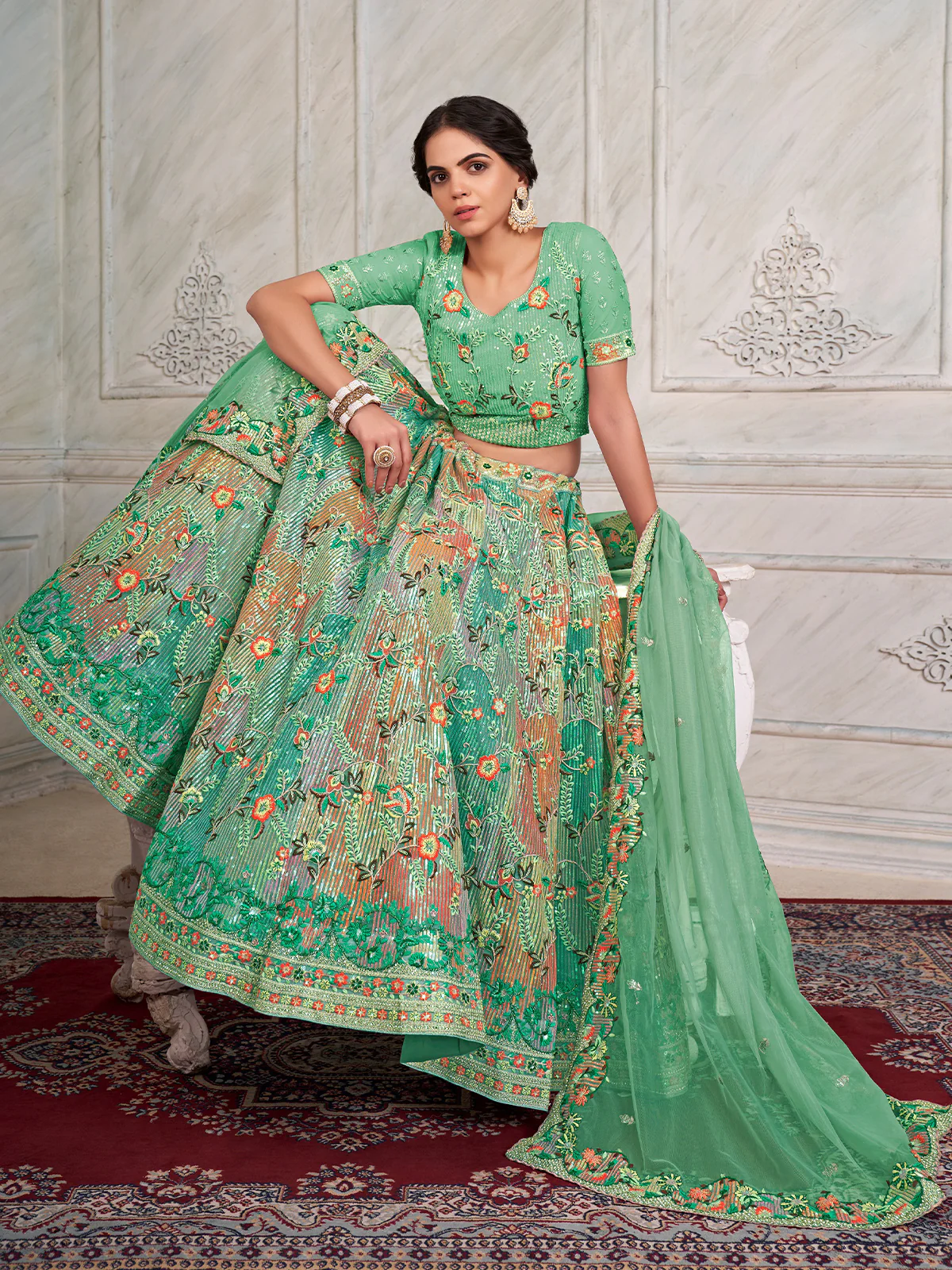 Odette Green Net Embroidered Semi Stitched Lehenga With Unstitched Blouse for Women - Image 3