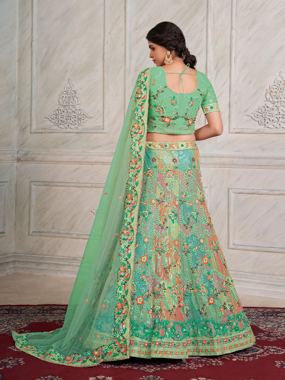 Odette Green Net Embroidered Semi Stitched Lehenga With Unstitched Blouse for Women - Image 4